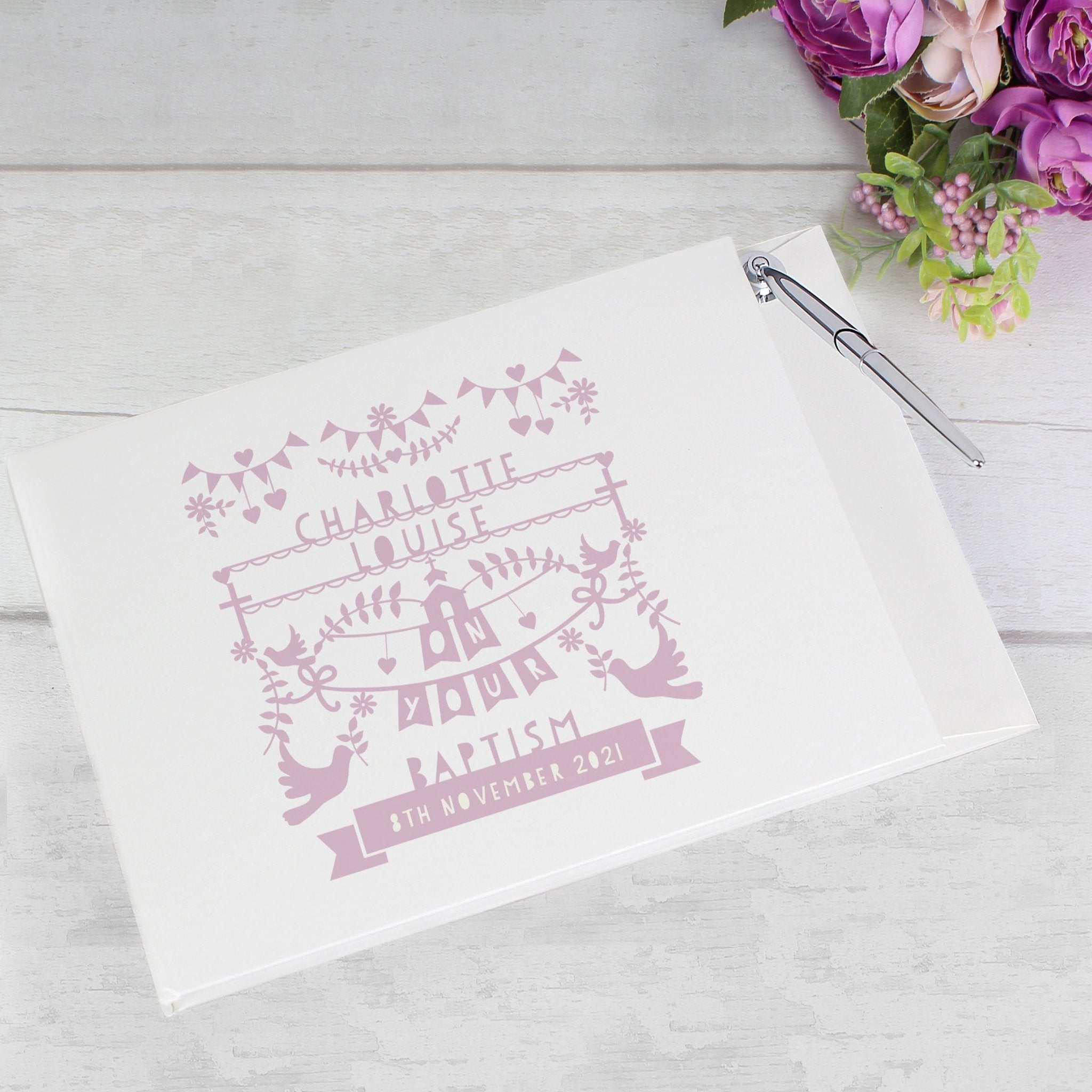 Personalised Pink Papercut Style Hardback Guest Book & Pen | Inspired Creative Gifts | UK Supplier