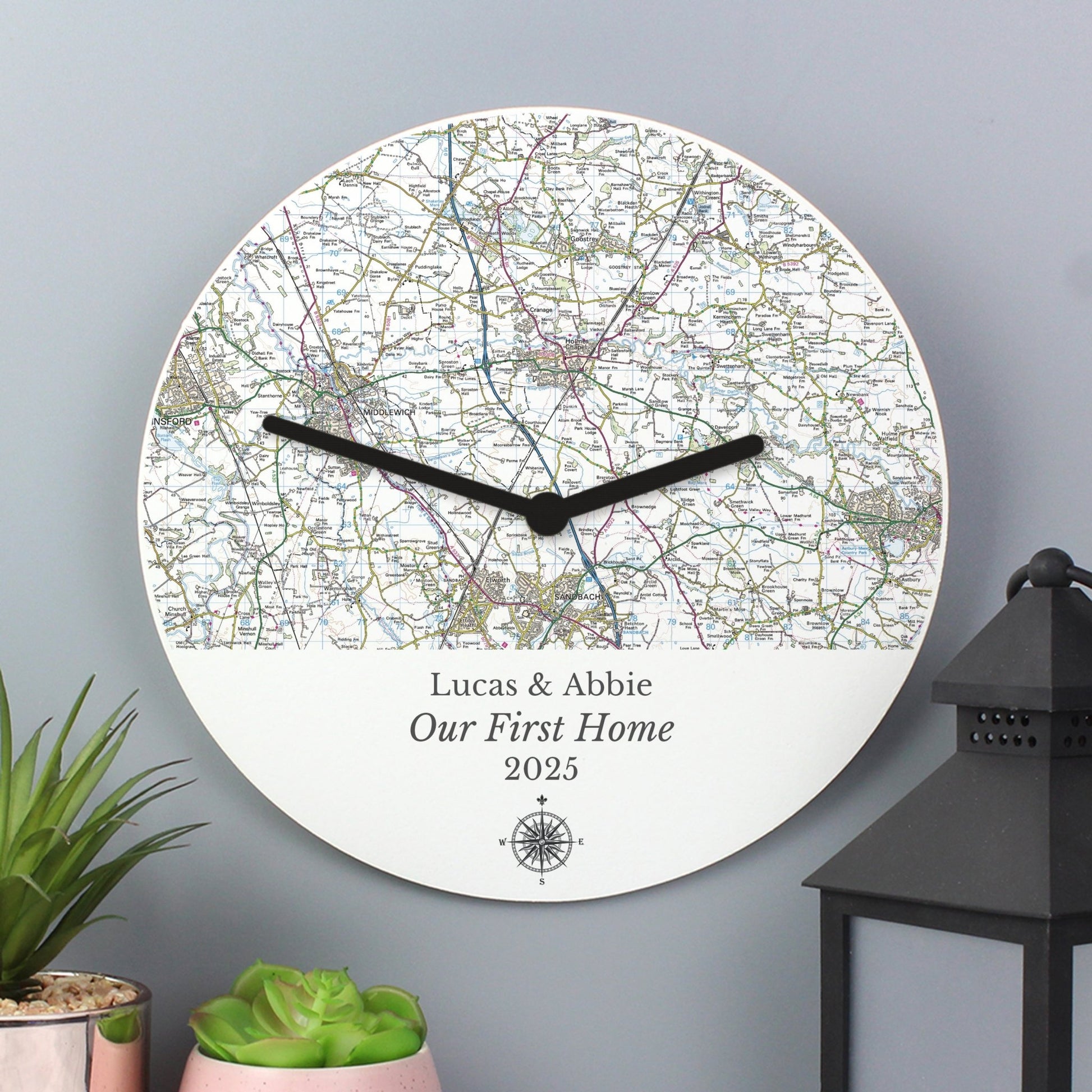 Personalised Present Day Map Compass Wooden Clock | Inspired Creative Gifts | UK Supplier