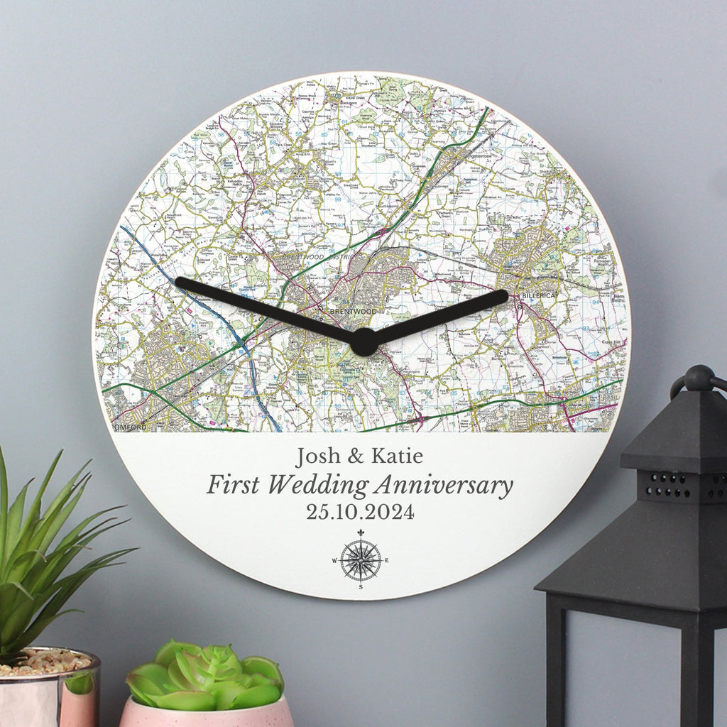 Personalised Present Day Map Compass Wooden Clock | Inspired Creative Gifts | UK Supplier