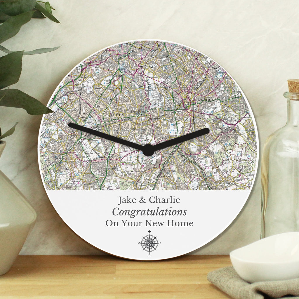 Personalised Present Day Map Compass Wooden Clock | Inspired Creative Gifts | UK Supplier