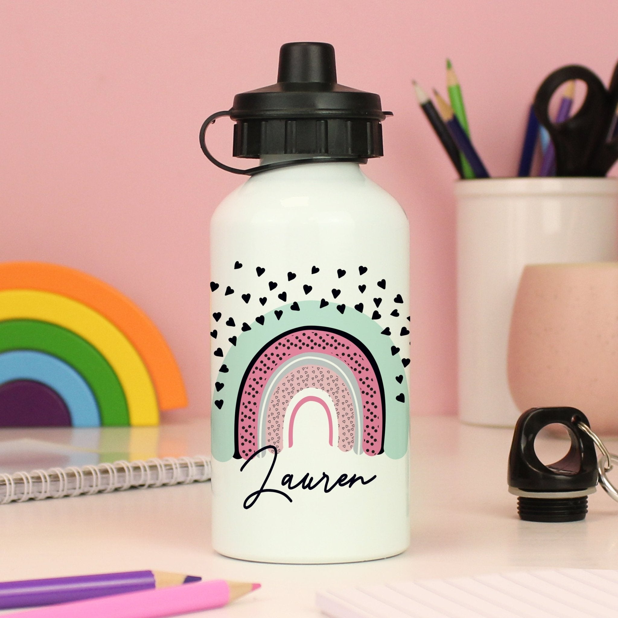 Personalised Rainbow White Drinks Bottle | Inspired Creative Gifts | UK Supplier