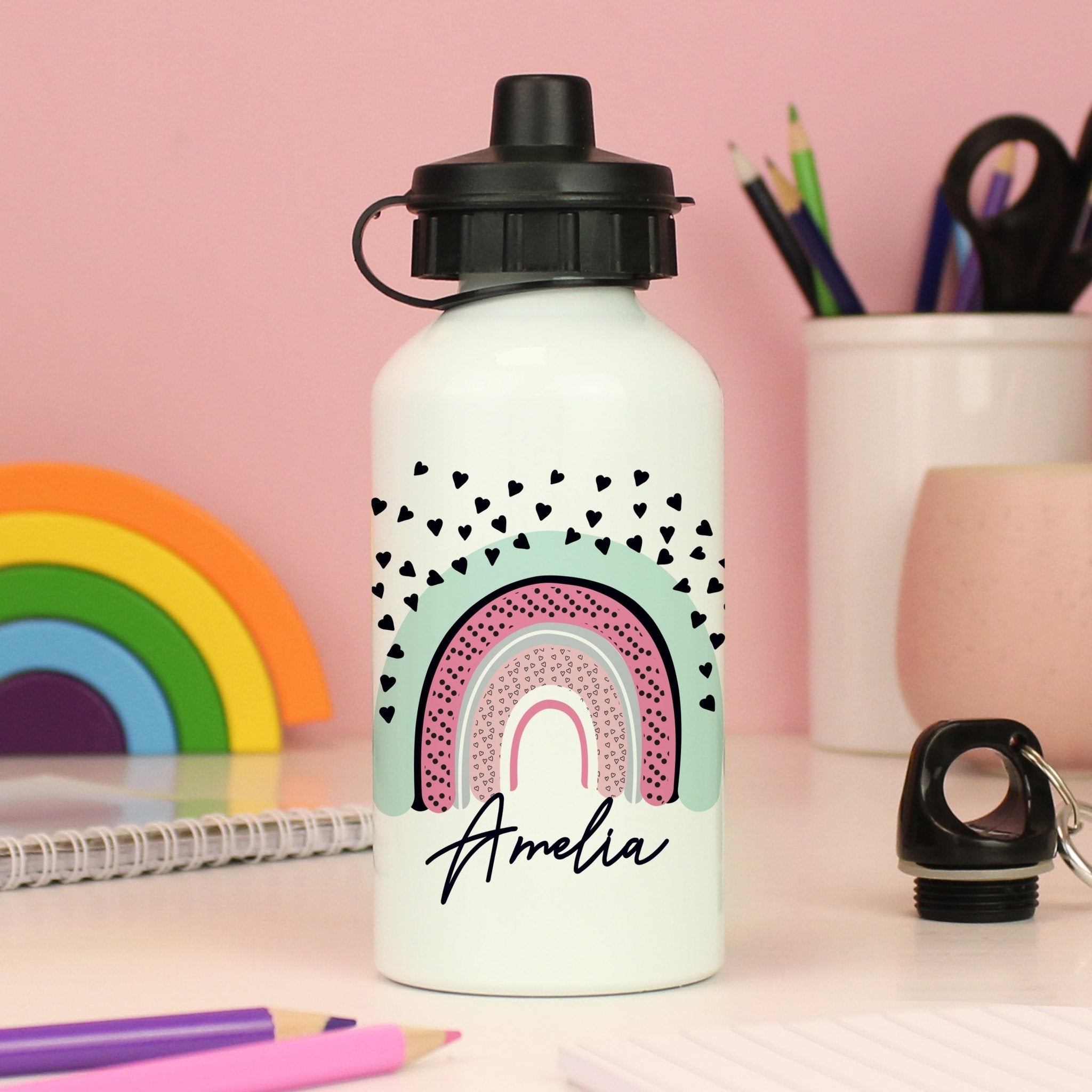 Personalised Rainbow White Drinks Bottle | Inspired Creative Gifts | UK Supplier