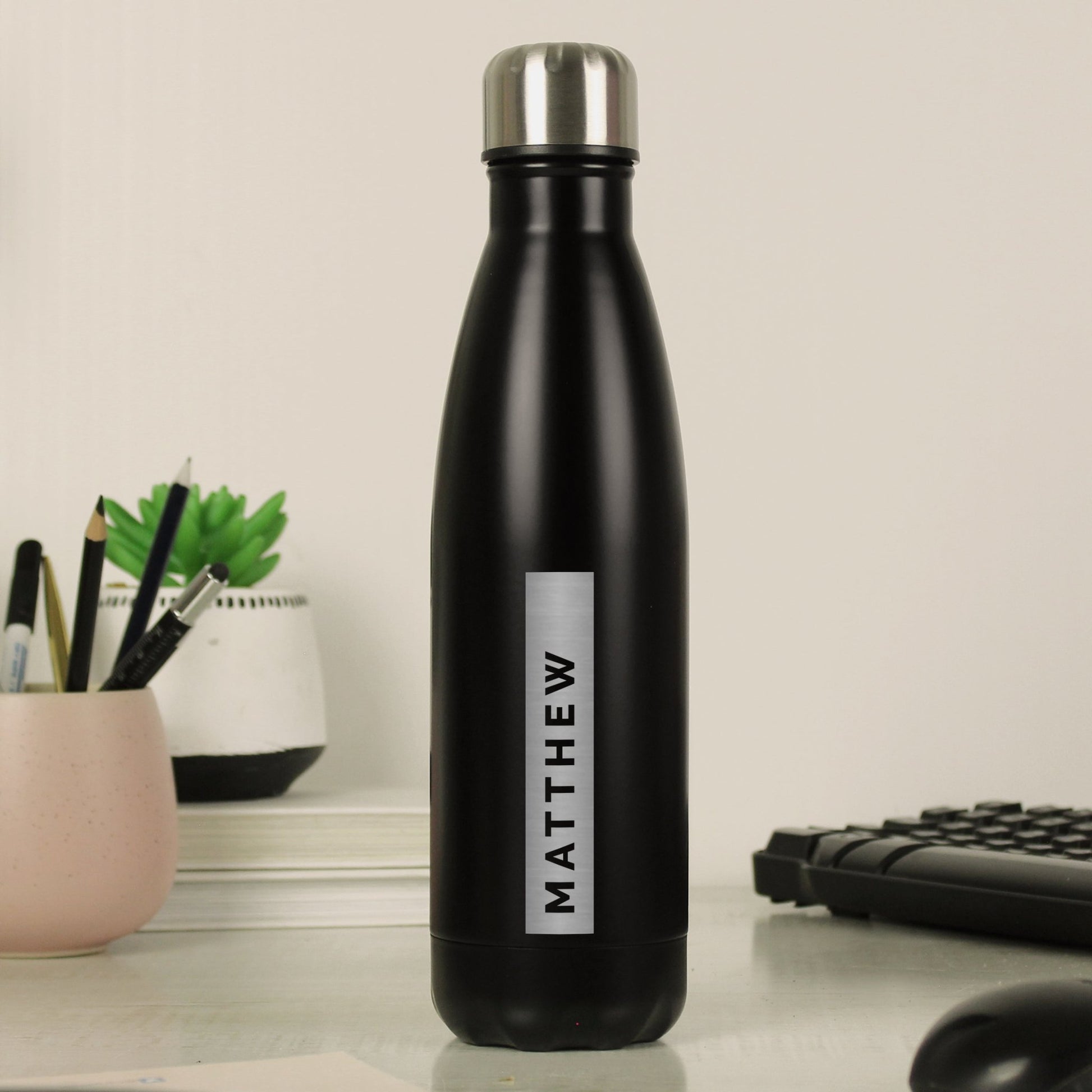 Personalised Rectangle Black Metal Insulated Drinks Bottle | Inspired Creative Gifts