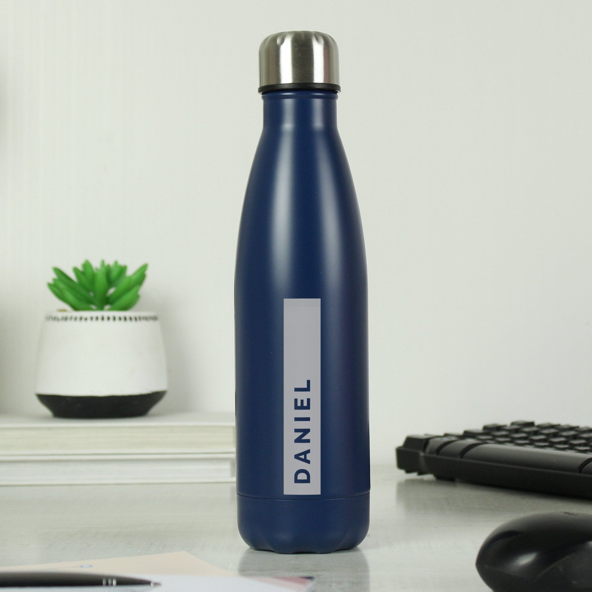 Personalised Rectangle Navy Metal Insulated Drinks Bottle | Inspired Creative Gifts | UK Supplier