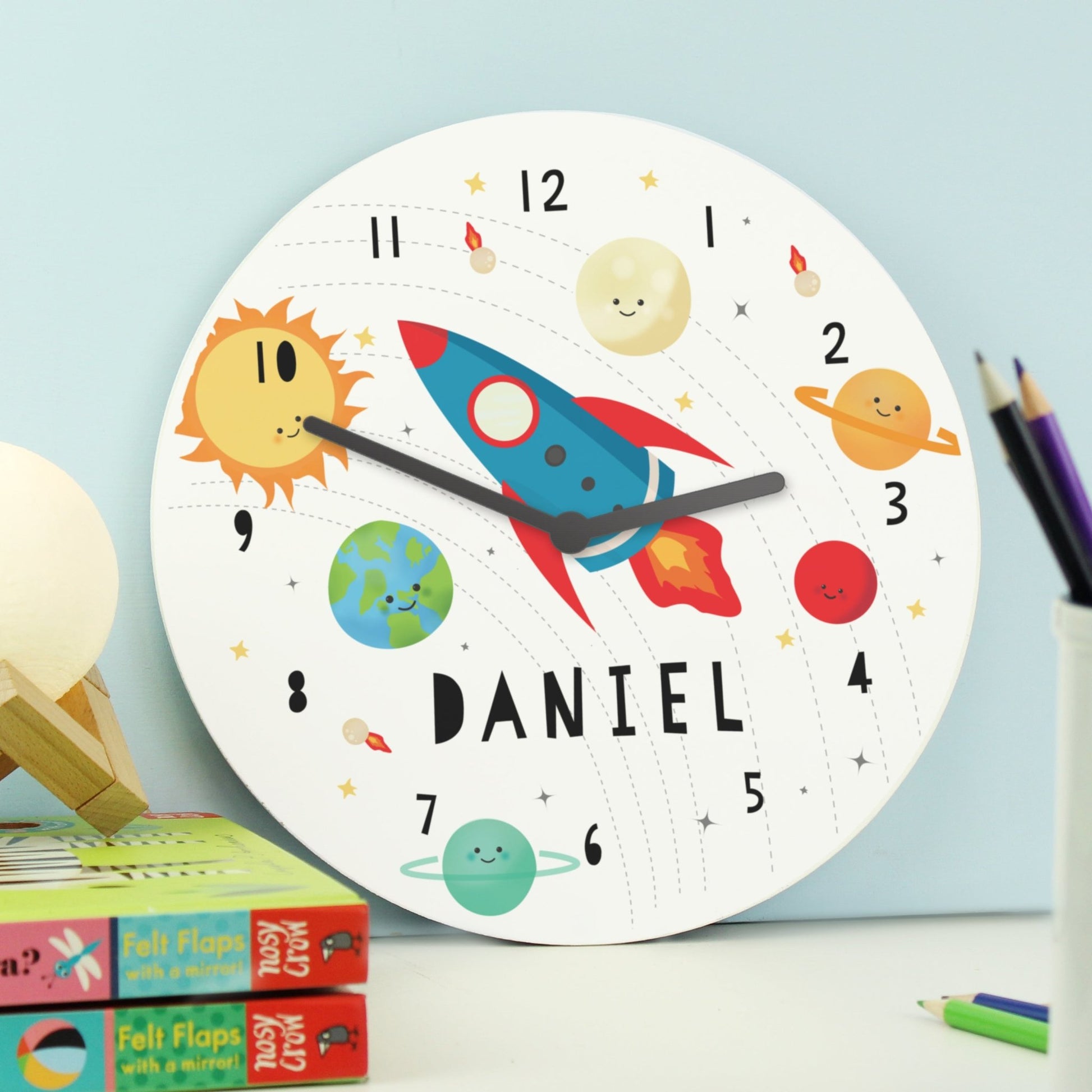 Personalised Rocket in Space Large Wooden Clock | Inspired Creative Gifts | UK Supplier