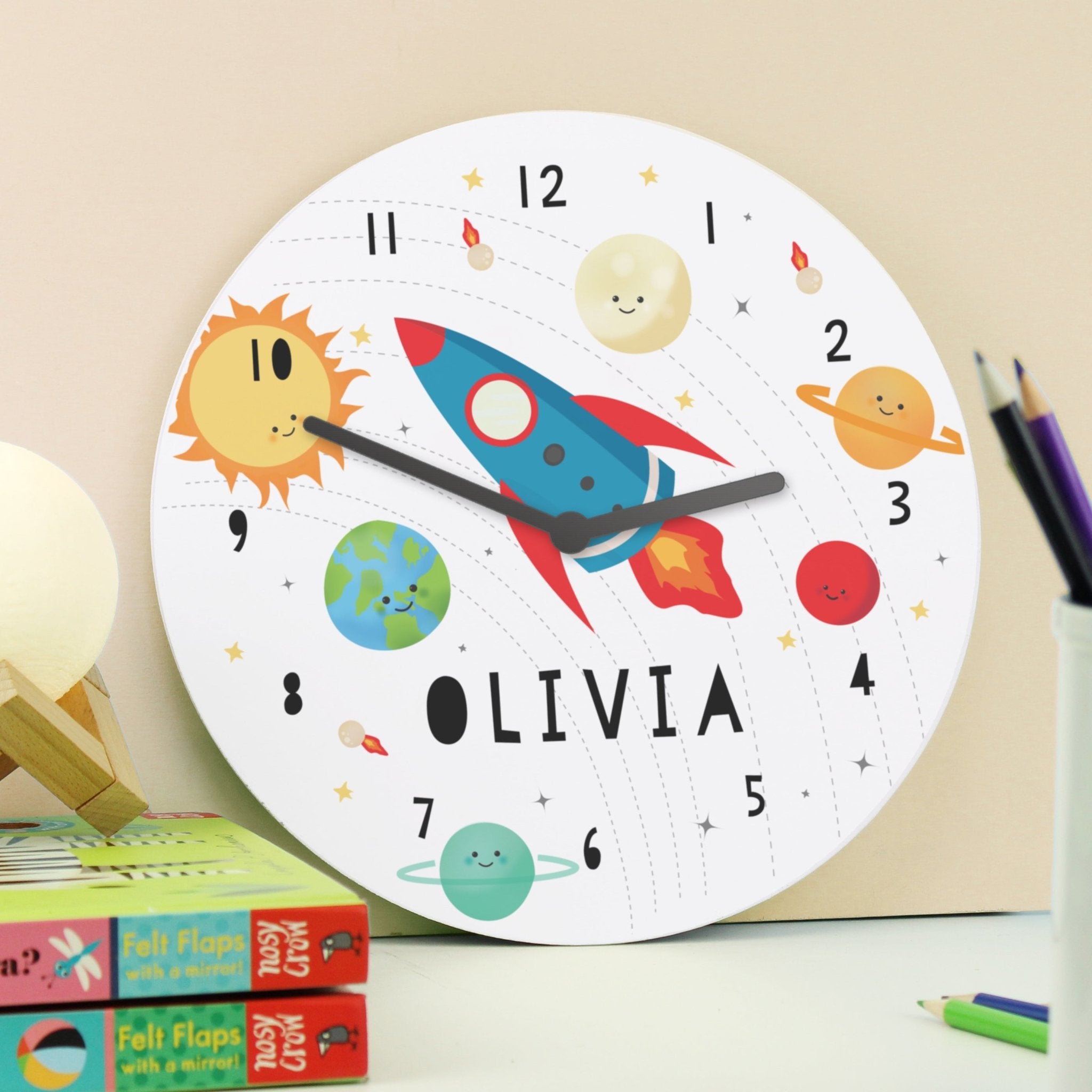 Personalised Rocket in Space Large Wooden Clock | Inspired Creative Gifts | UK Supplier