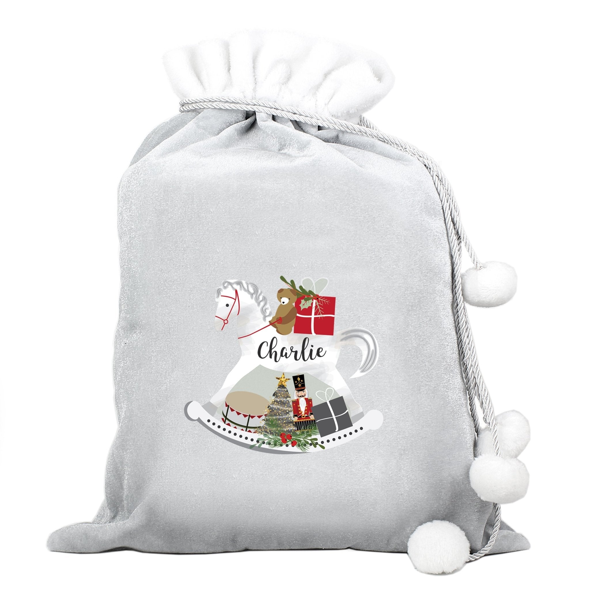 Personalised Rocking Horse Luxury Silver Grey Pom Pom Sack | Inspired Creative Gifts | UK Supplier