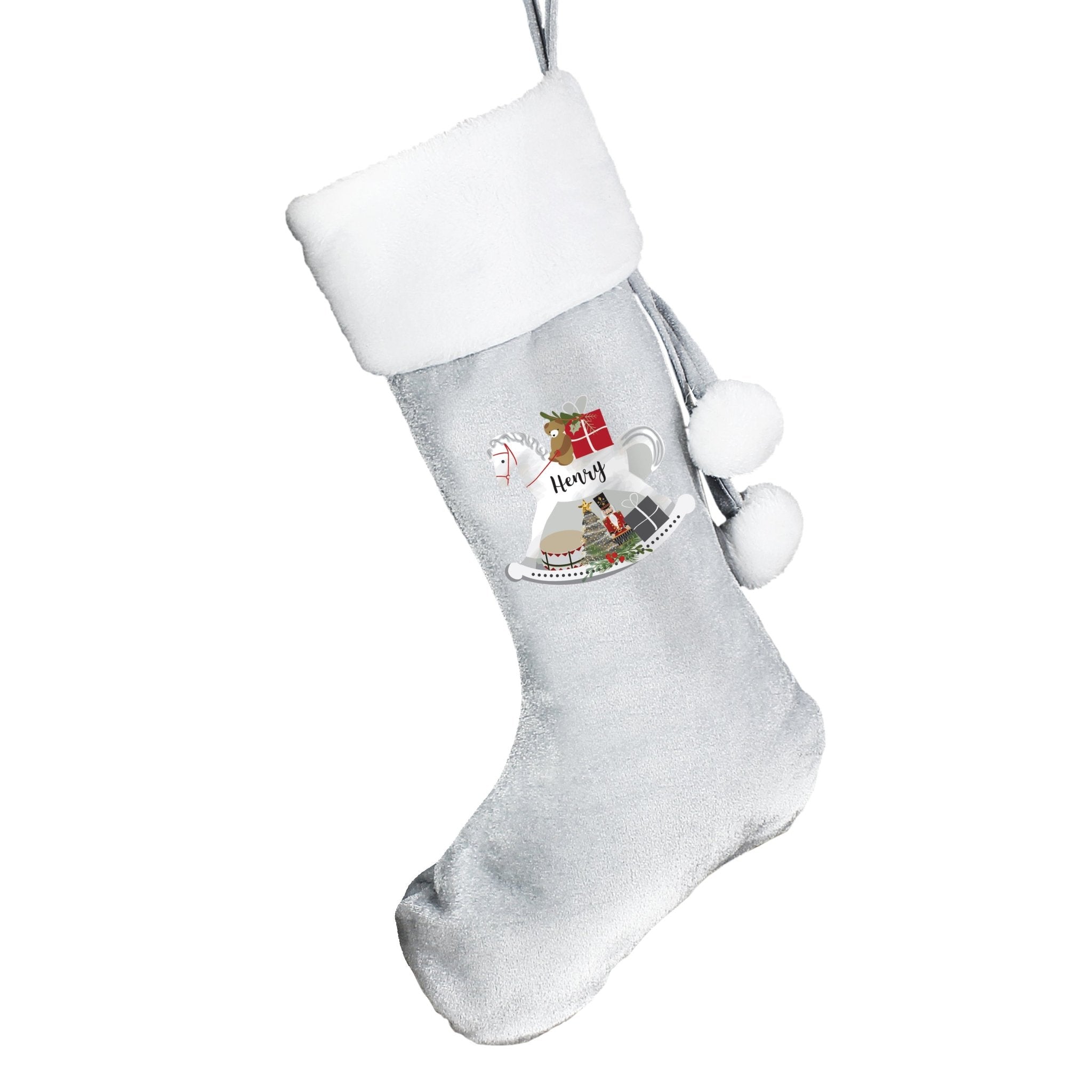 Personalised Rocking Horse Luxury Silver Grey Stocking | Inspired Creative Gifts | UK Supplier