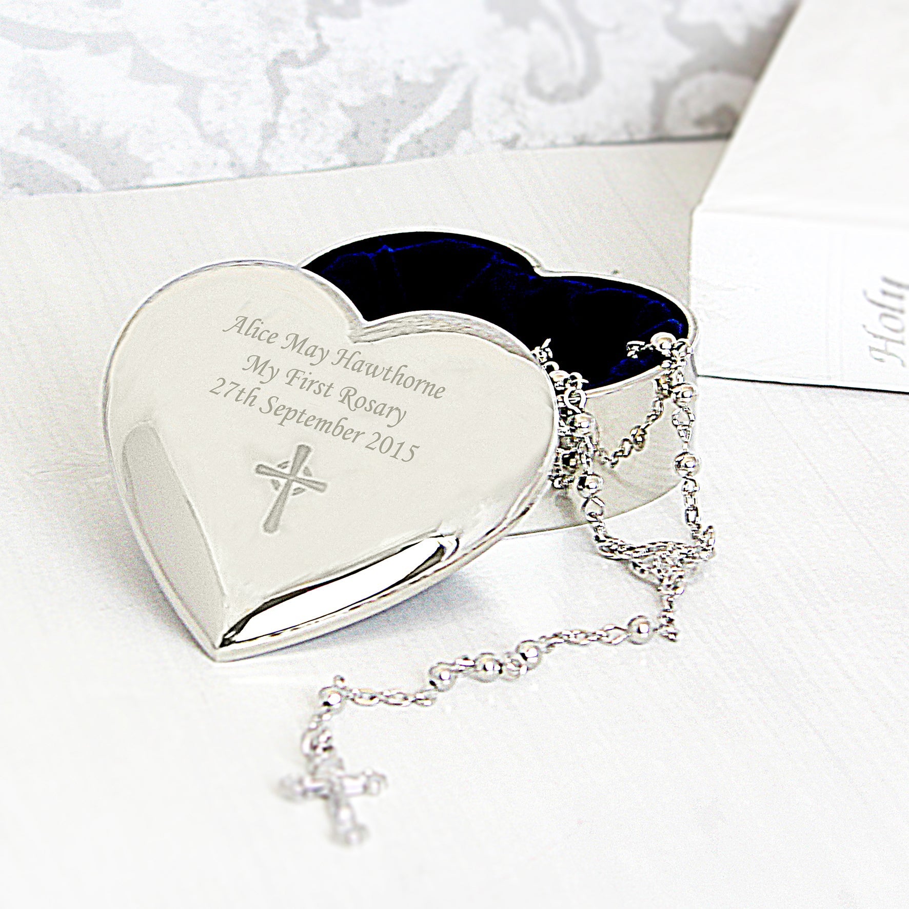 Personalised Rosary Beads and Cross Heart Trinket Box | Inspired Creative Gifts | UK Supplier