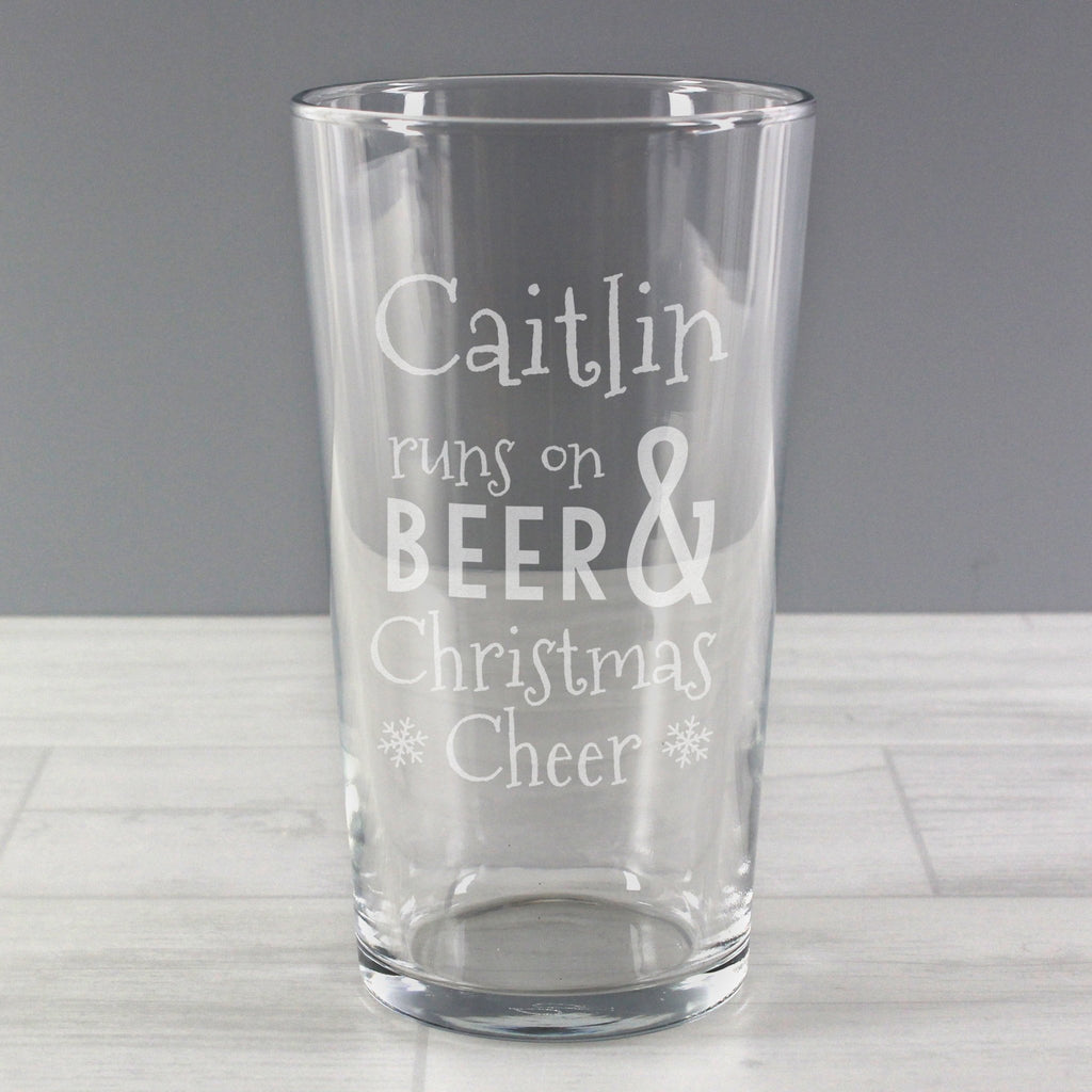 Personalised Runs On Beer & Christmas Cheer Pint Glass | Inspired Creative Gifts | UK Supplier