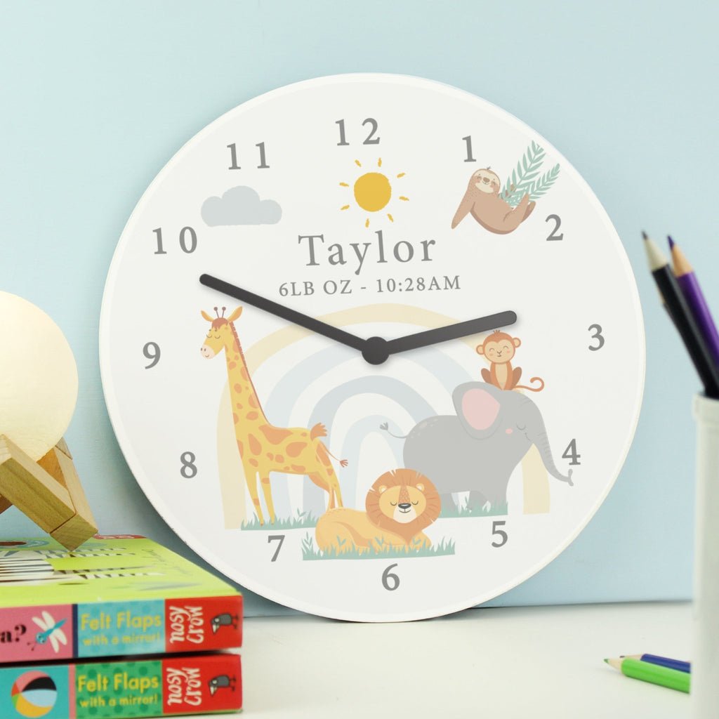 Personalised Safari Animals Wooden Nursery Clock | Inspired Creative Gifts | UK Supplier