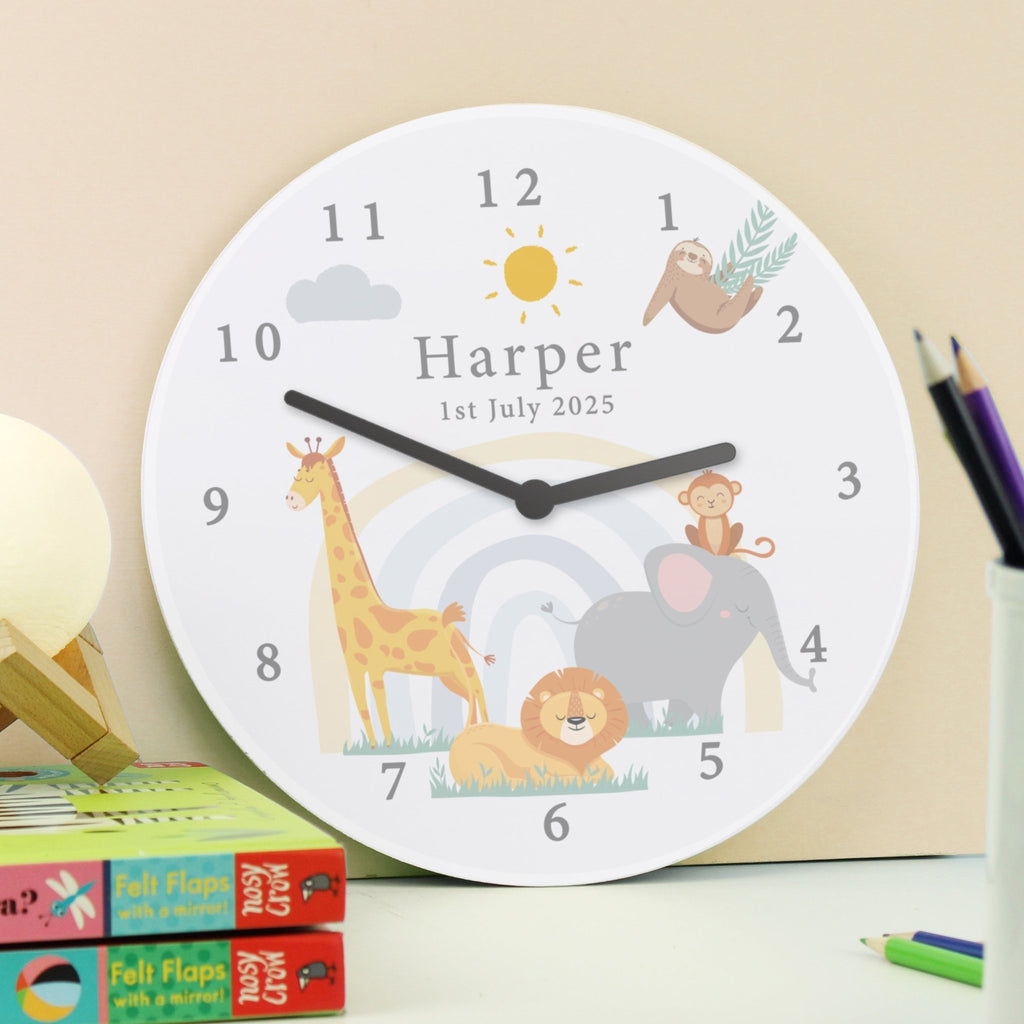 Personalised Safari Animals Wooden Nursery Clock | Inspired Creative Gifts | UK Supplier