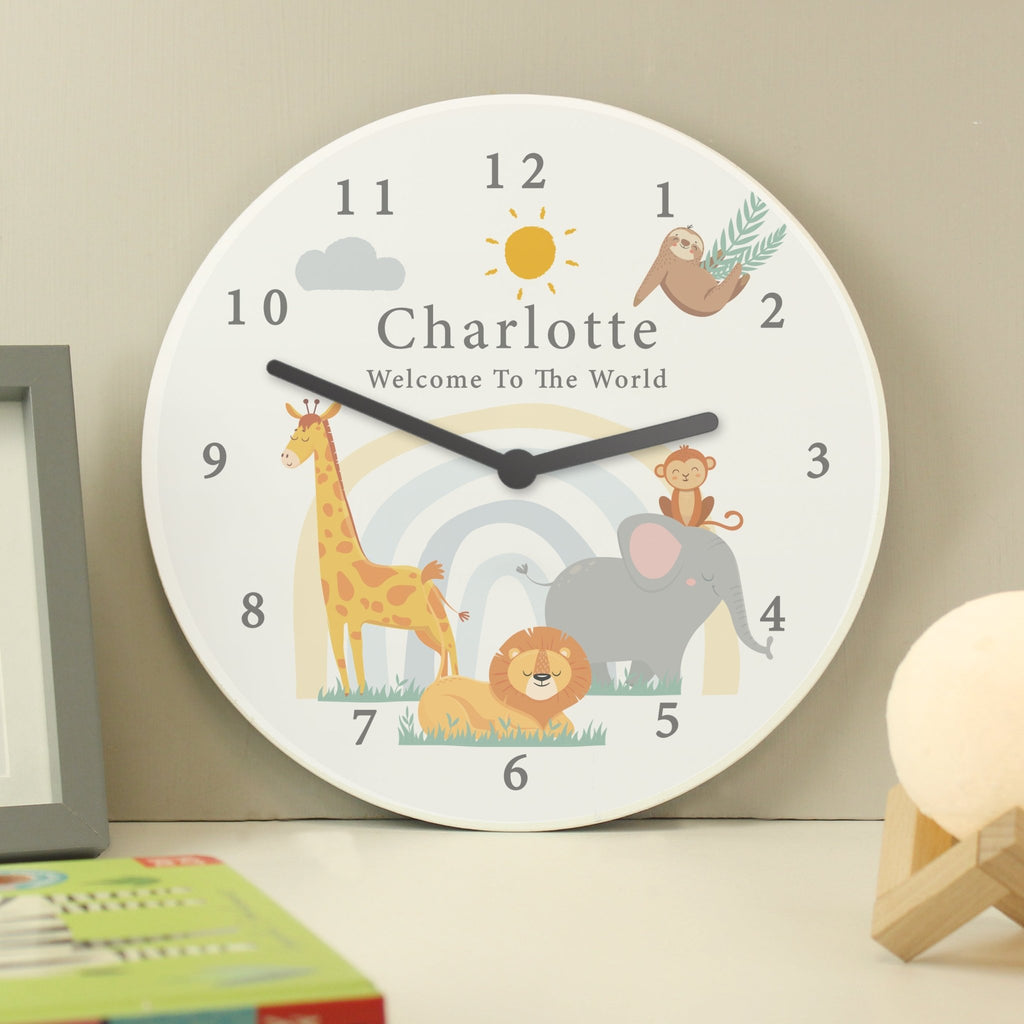 Personalised Safari Animals Wooden Nursery Clock | Inspired Creative Gifts | UK Supplier