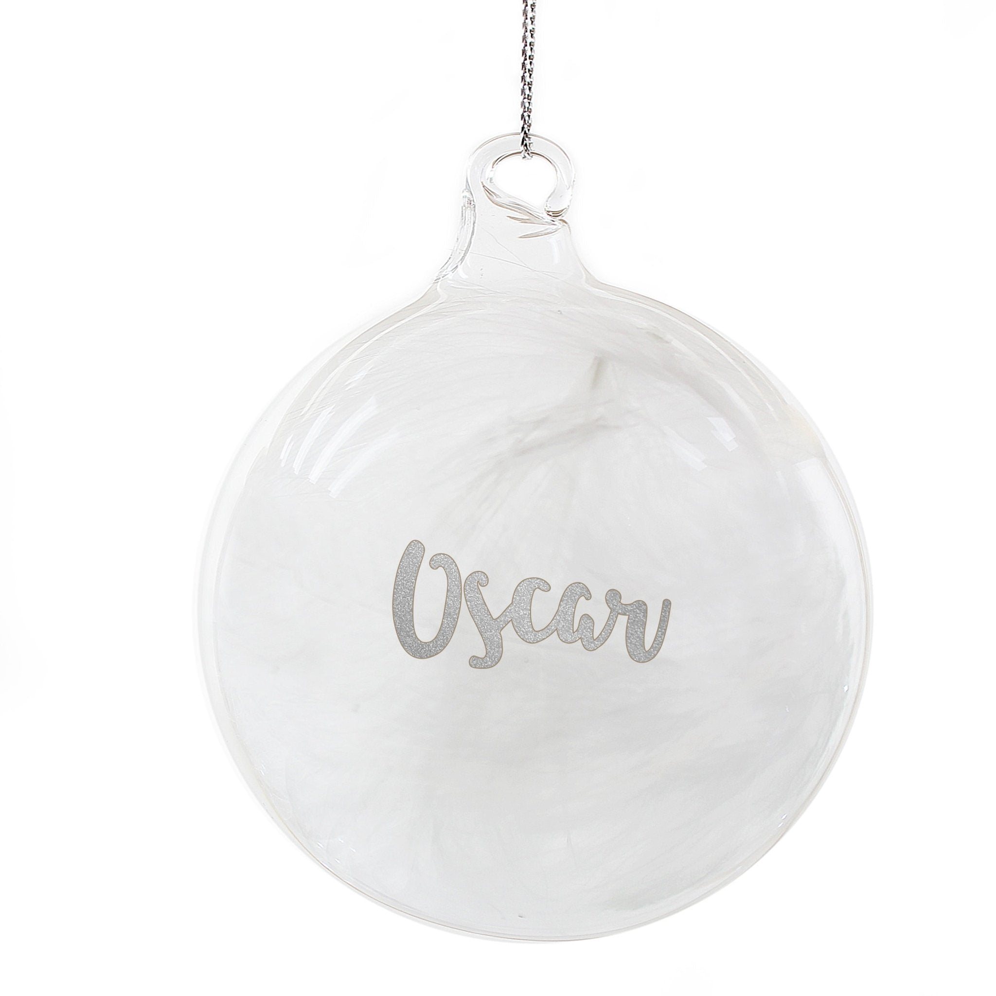 Personalised Silver Glitter Name Only Feather Glass Bauble | Inspired Creative Gifts | UK Supplier