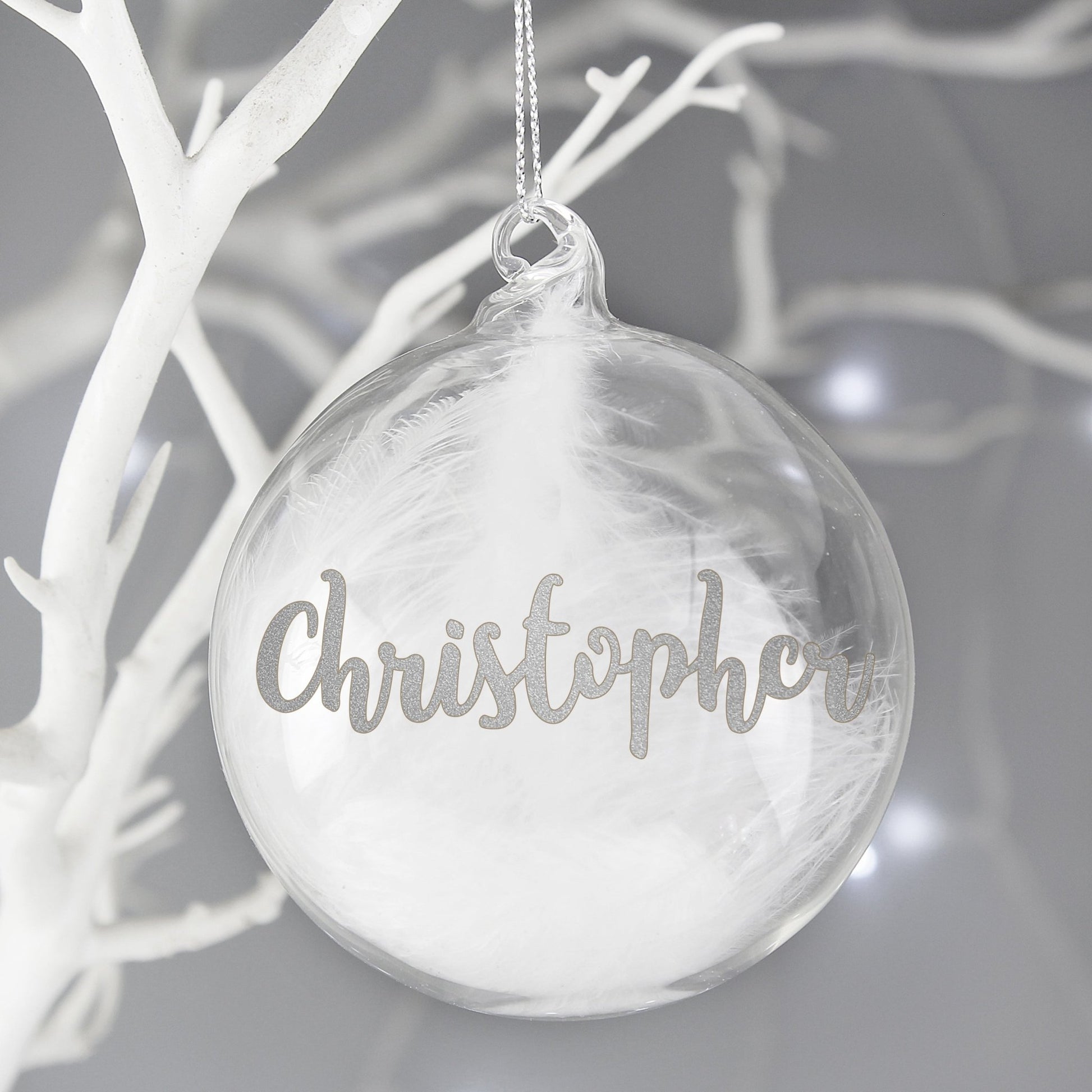 Personalised Silver Glitter Name Only Feather Glass Bauble | Inspired Creative Gifts | UK Supplier