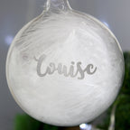 Personalised Silver Glitter Name Only Feather Glass Bauble | Inspired Creative Gifts | UK Supplier