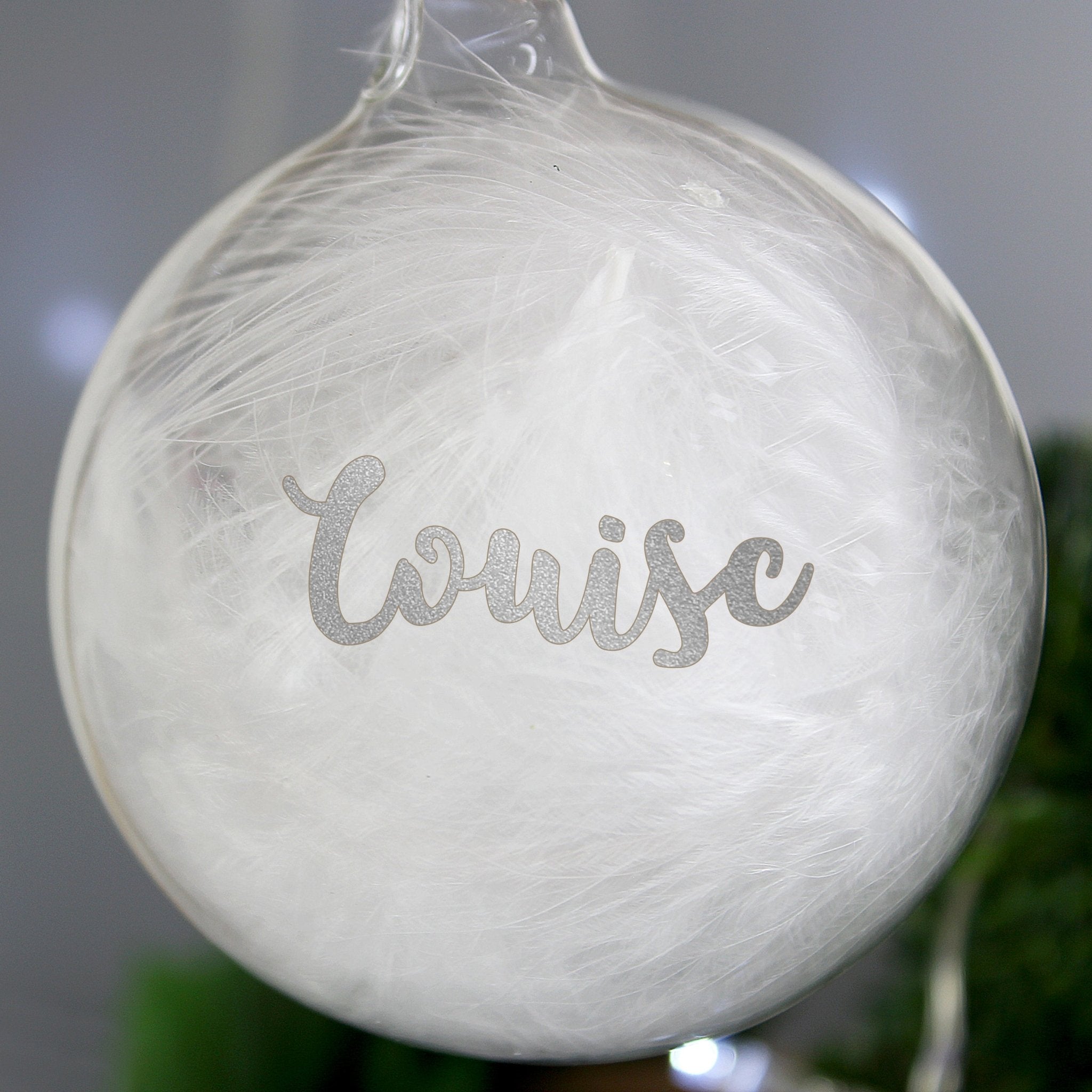 Personalised Silver Glitter Name Only Feather Glass Bauble | Inspired Creative Gifts | UK Supplier