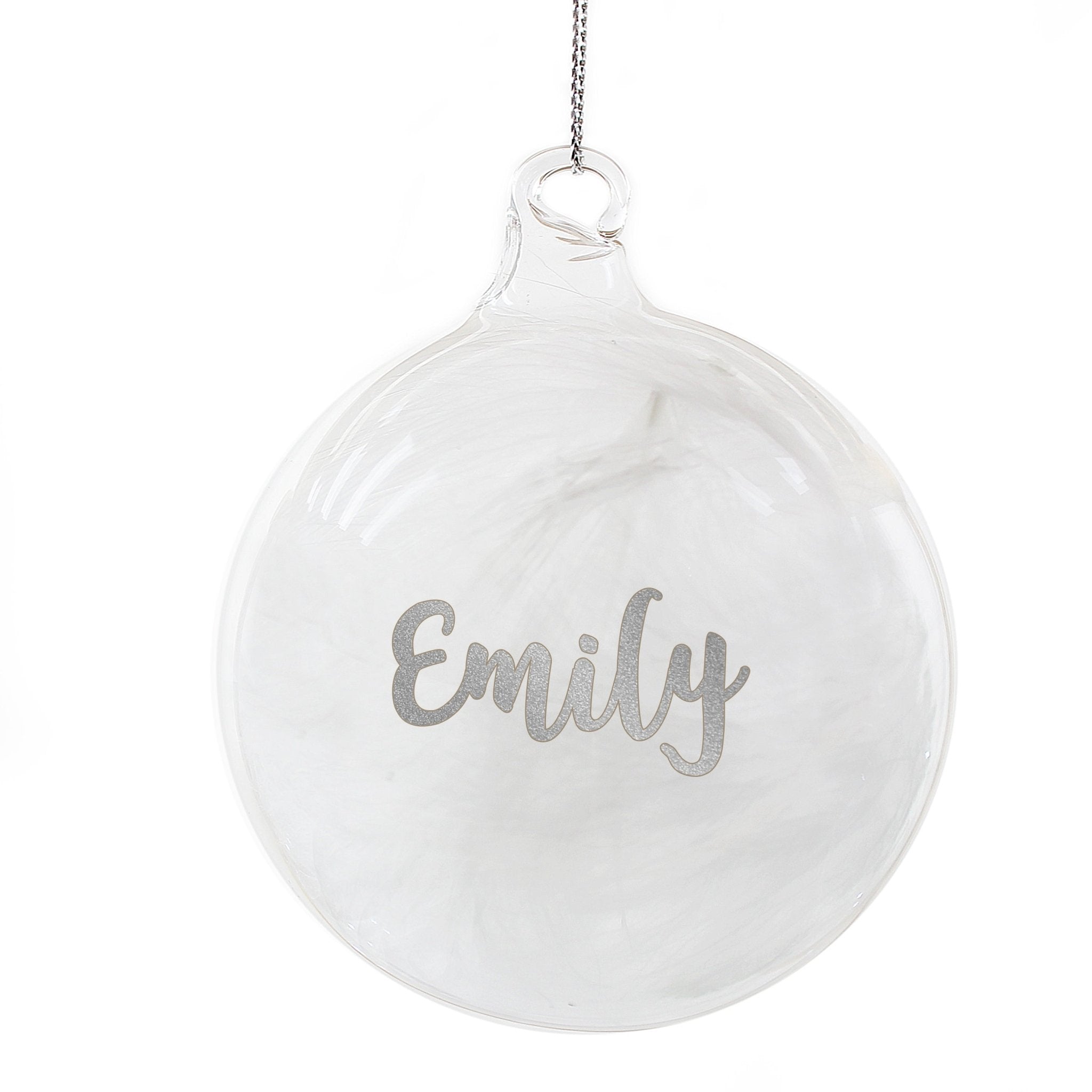 Personalised Silver Glitter Name Only Feather Glass Bauble | Inspired Creative Gifts | UK Supplier