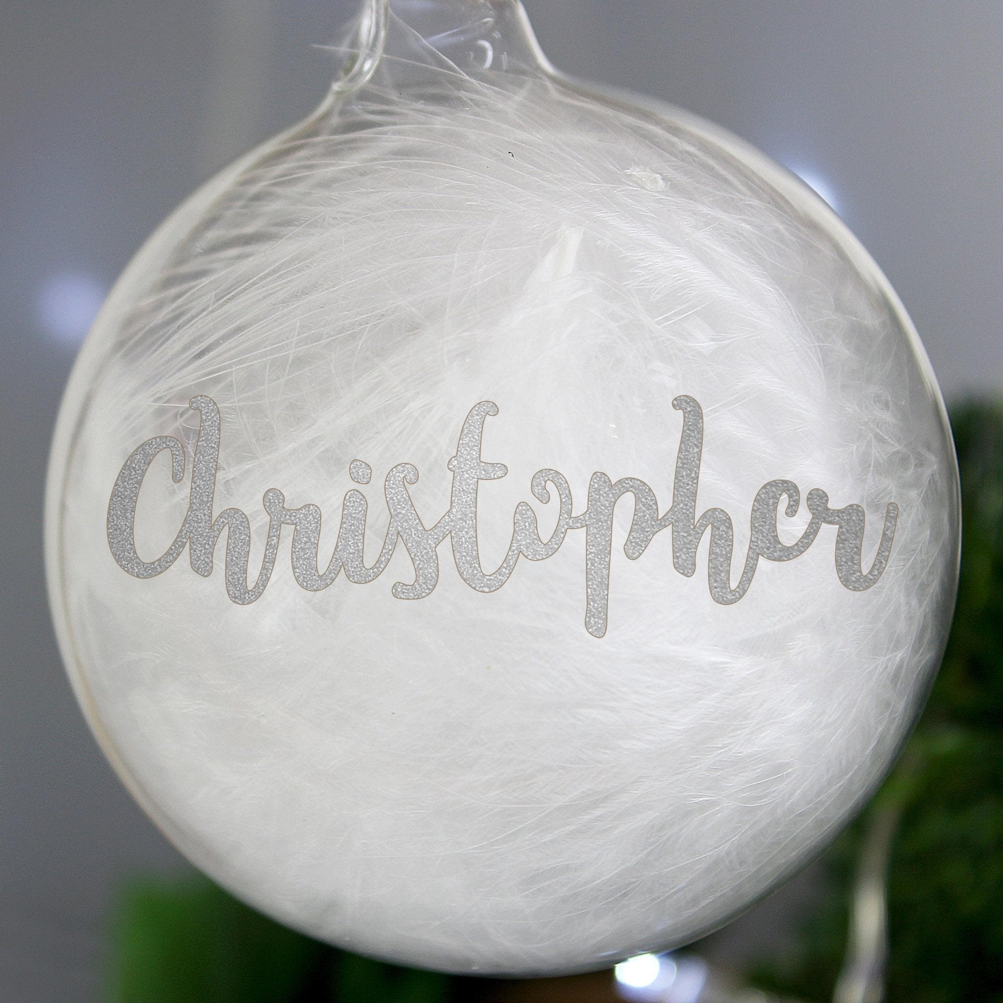 Personalised Silver Glitter Name Only Feather Glass Bauble | Inspired Creative Gifts | UK Supplier