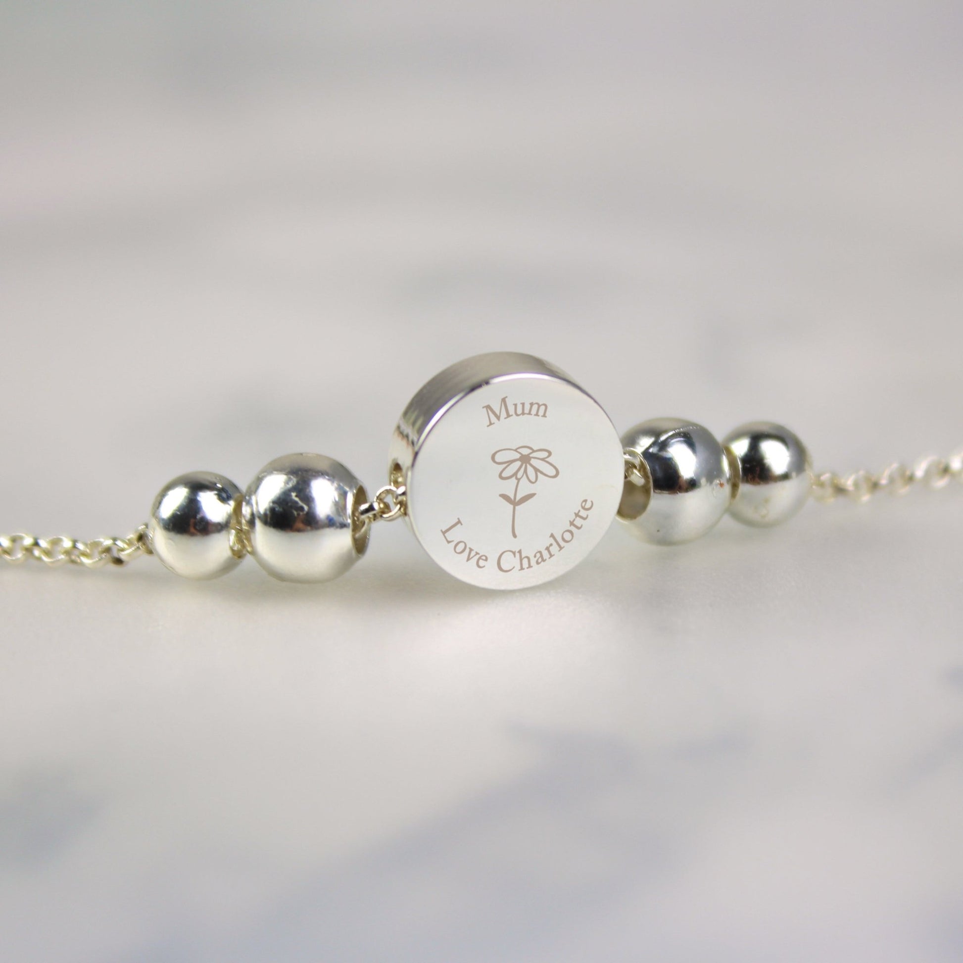 Personalised Silver Tone Flower Disc Bracelet | Inspired Creative Gifts | UK Supplier