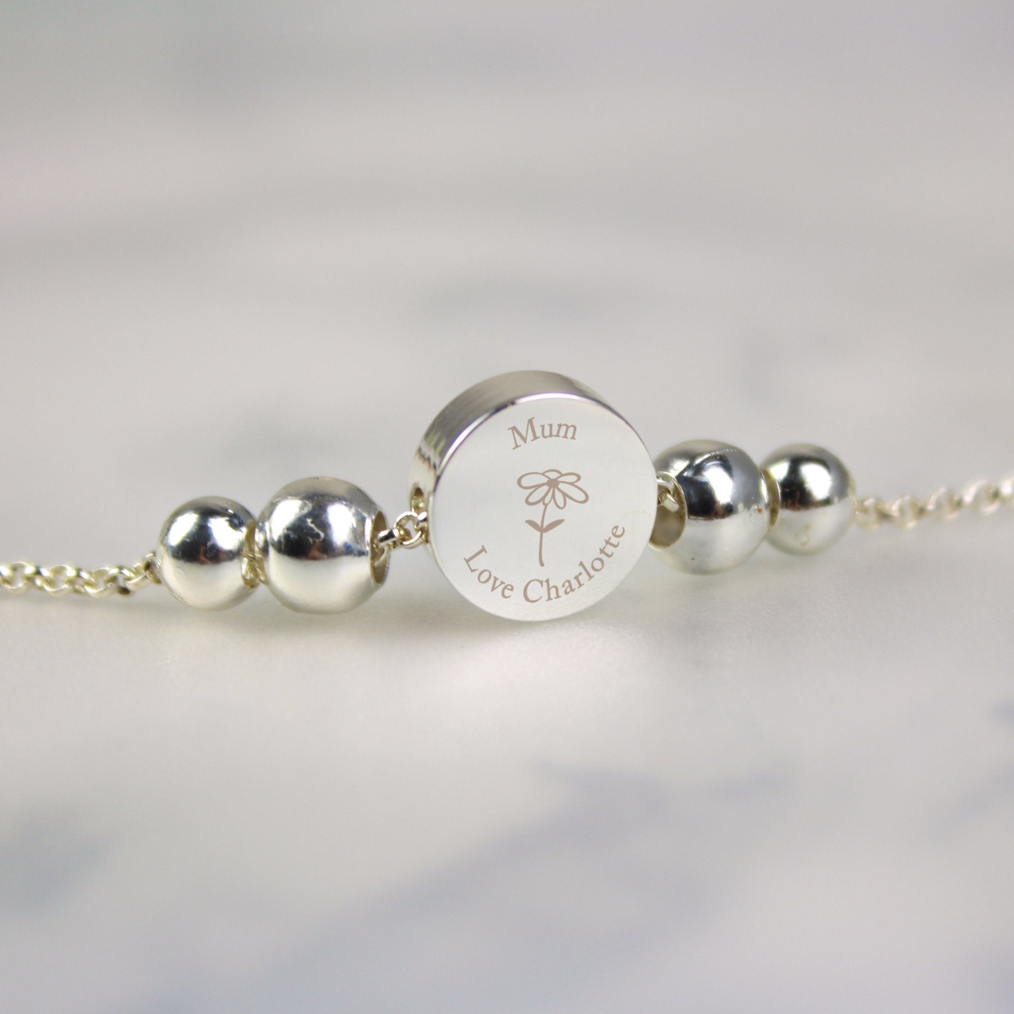 Personalised Silver Tone Flower Disc Bracelet | Inspired Creative Gifts | UK Supplier