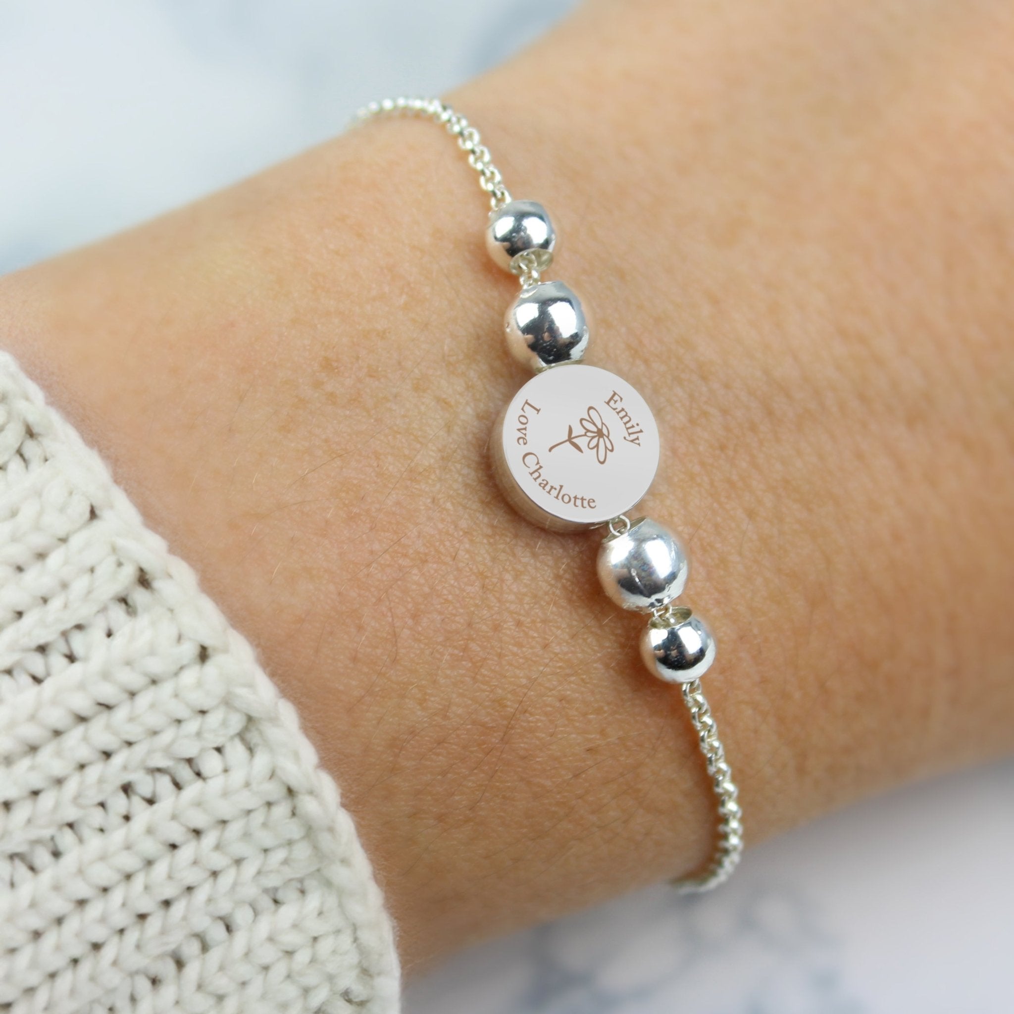Personalised Silver Tone Flower Disc Bracelet | Inspired Creative Gifts | UK Supplier