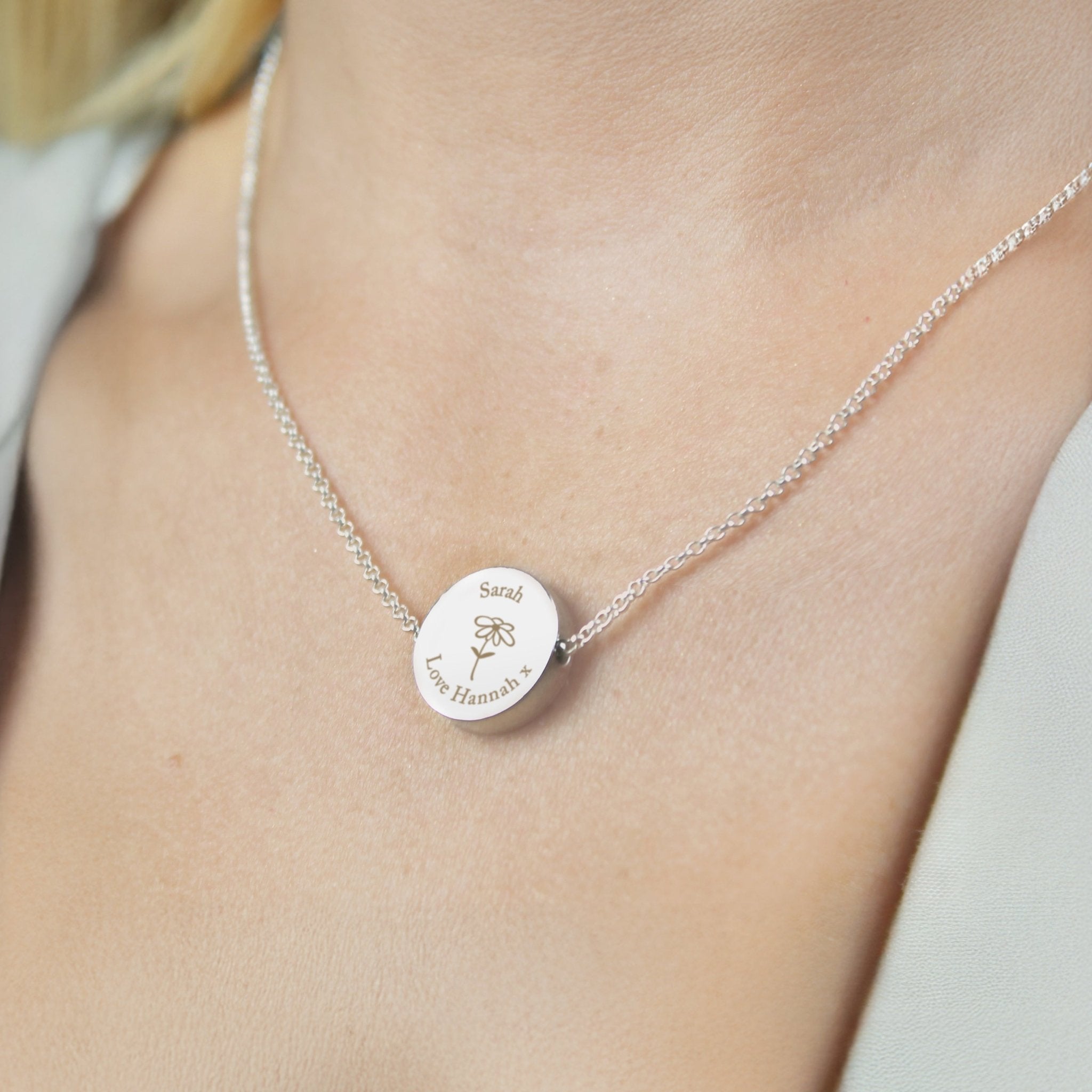 Personalised Silver Tone Flower Disc Necklace | Inspired Creative Gifts | UK Supplier