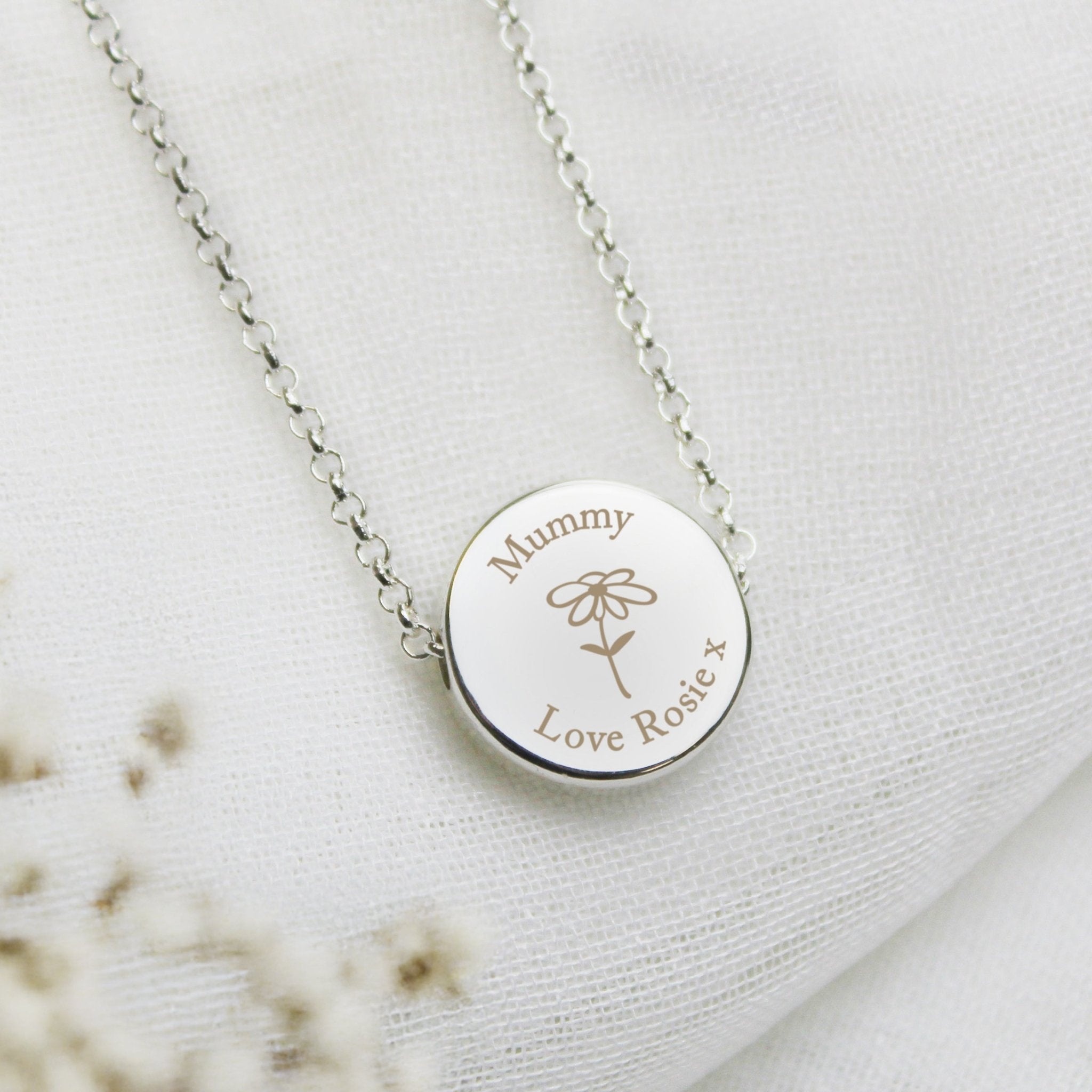 Personalised Silver Tone Flower Disc Necklace | Inspired Creative Gifts | UK Supplier