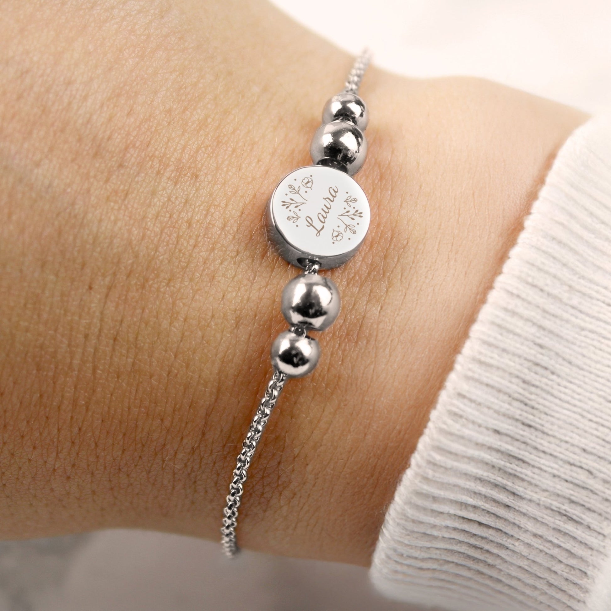 Personalised Silver Tone Wild Flowers Disc Bracelet | Inspired Creative Gifts | UK Supplier