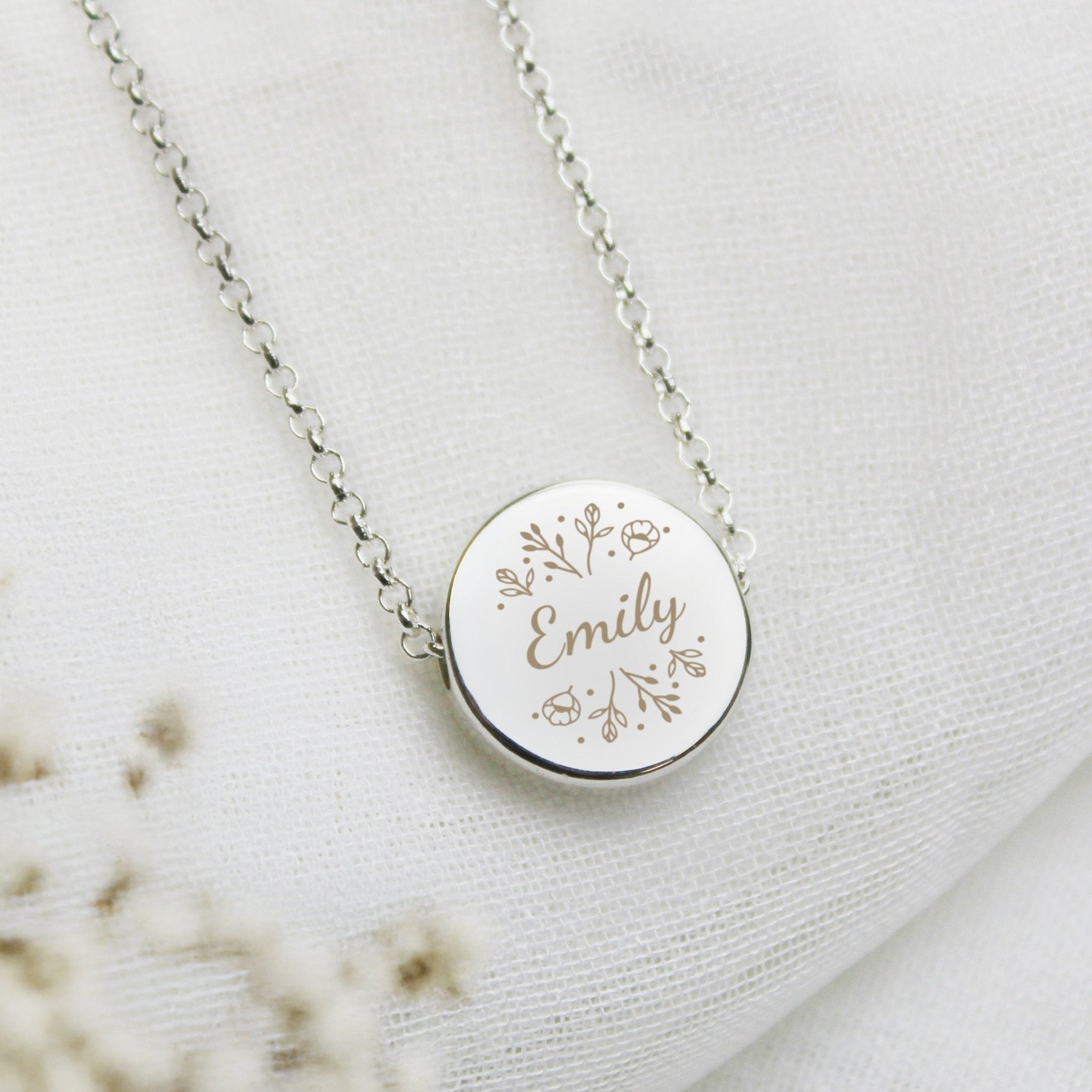 Personalised Silver Tone Wild Flowers Disc Necklace | Inspired Creative Gifts | UK Supplier