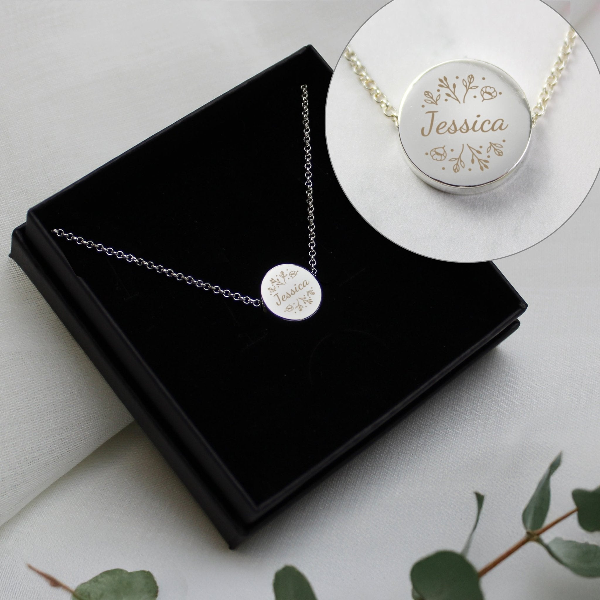 Personalised Silver Tone Wild Flowers Disc Necklace | Inspired Creative Gifts | UK Supplier