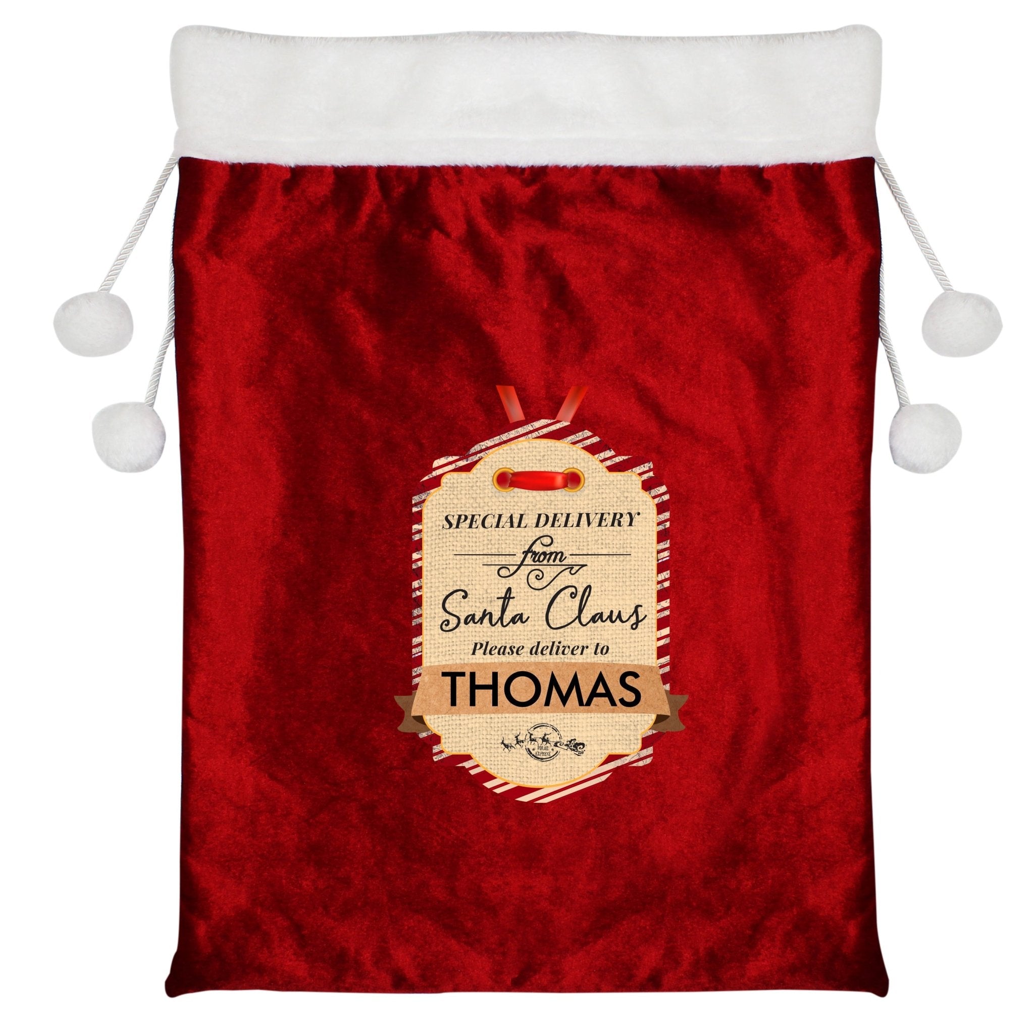 Personalised Special Delivery Luxury Pom Pom Red Sack | Inspired Creative Gifts | UK Supplier