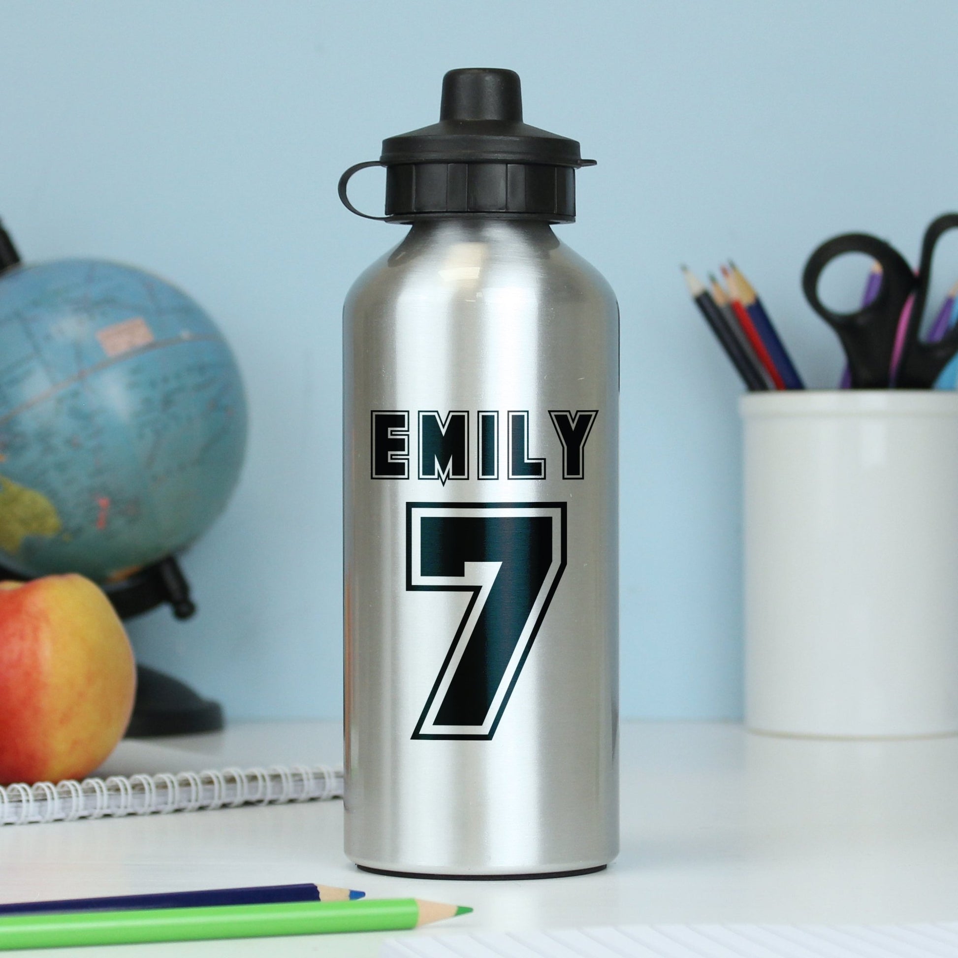 Personalised Sports Number Silver Drinks Bottle | Inspired Creative Gifts
