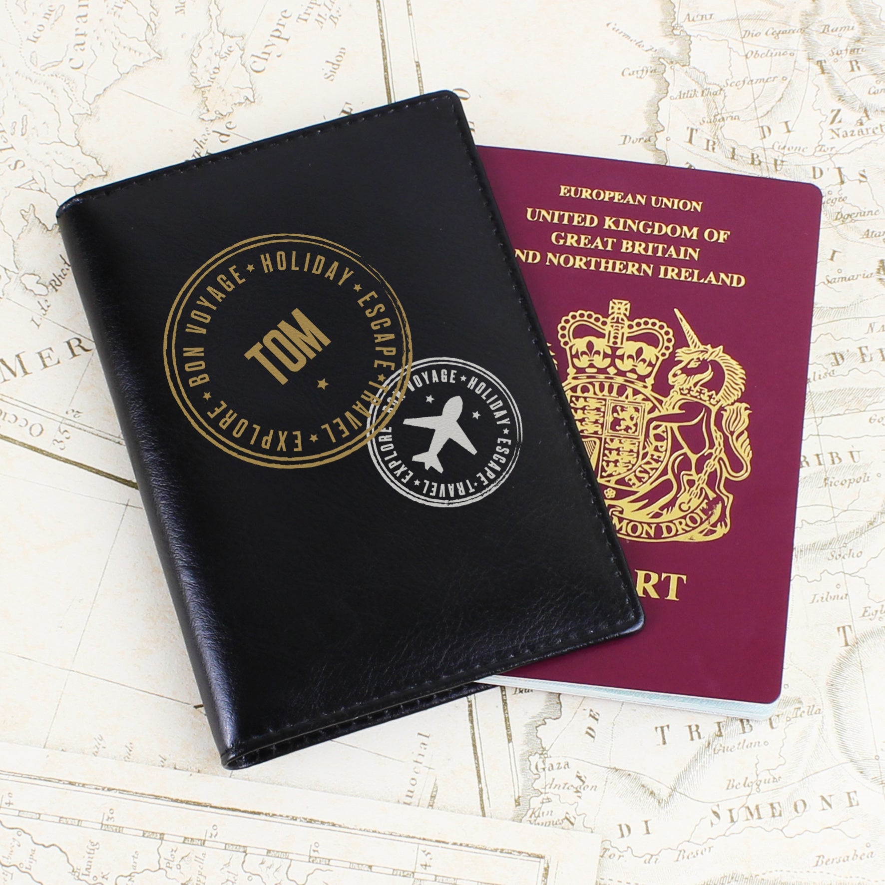 Personalised Stamped Black Passport Holder | Inspired Creative Gifts | UK Supplier