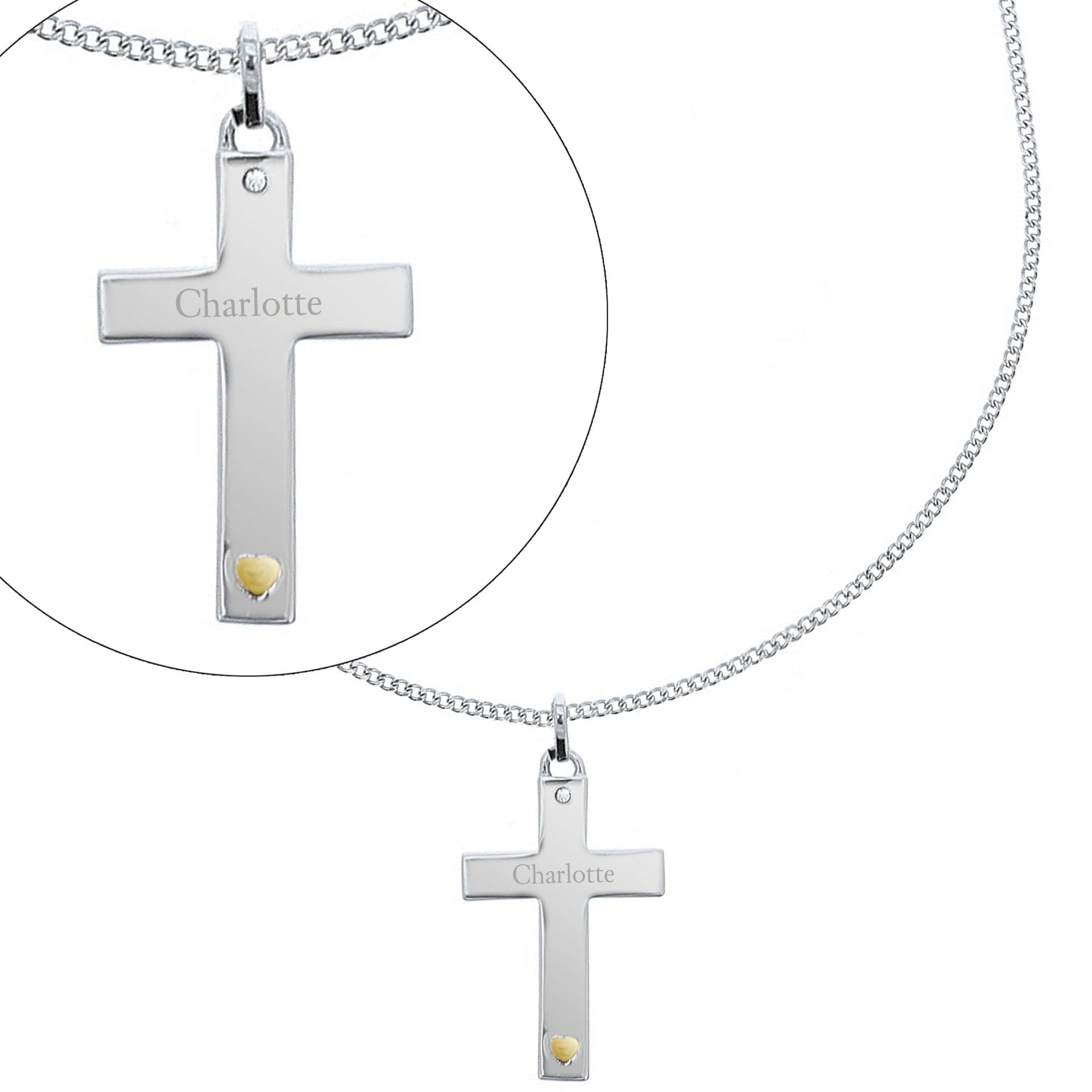 Personalised Sterling Silver Cross with 9ct Gold Heart & CZ Necklace | Inspired Creative Gifts | UK Supplier