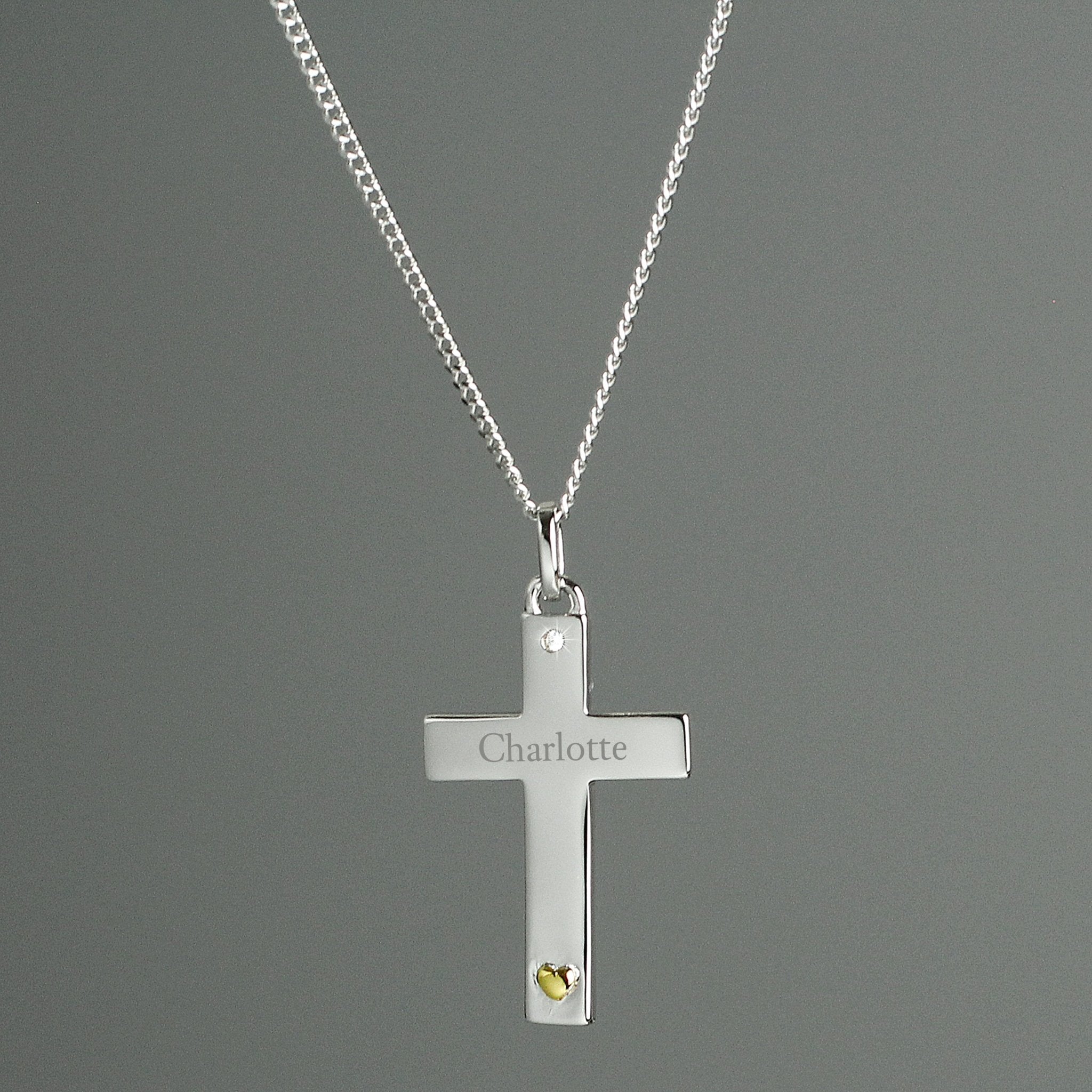Personalised Sterling Silver Cross with 9ct Gold Heart & CZ Necklace | Inspired Creative Gifts | UK Supplier