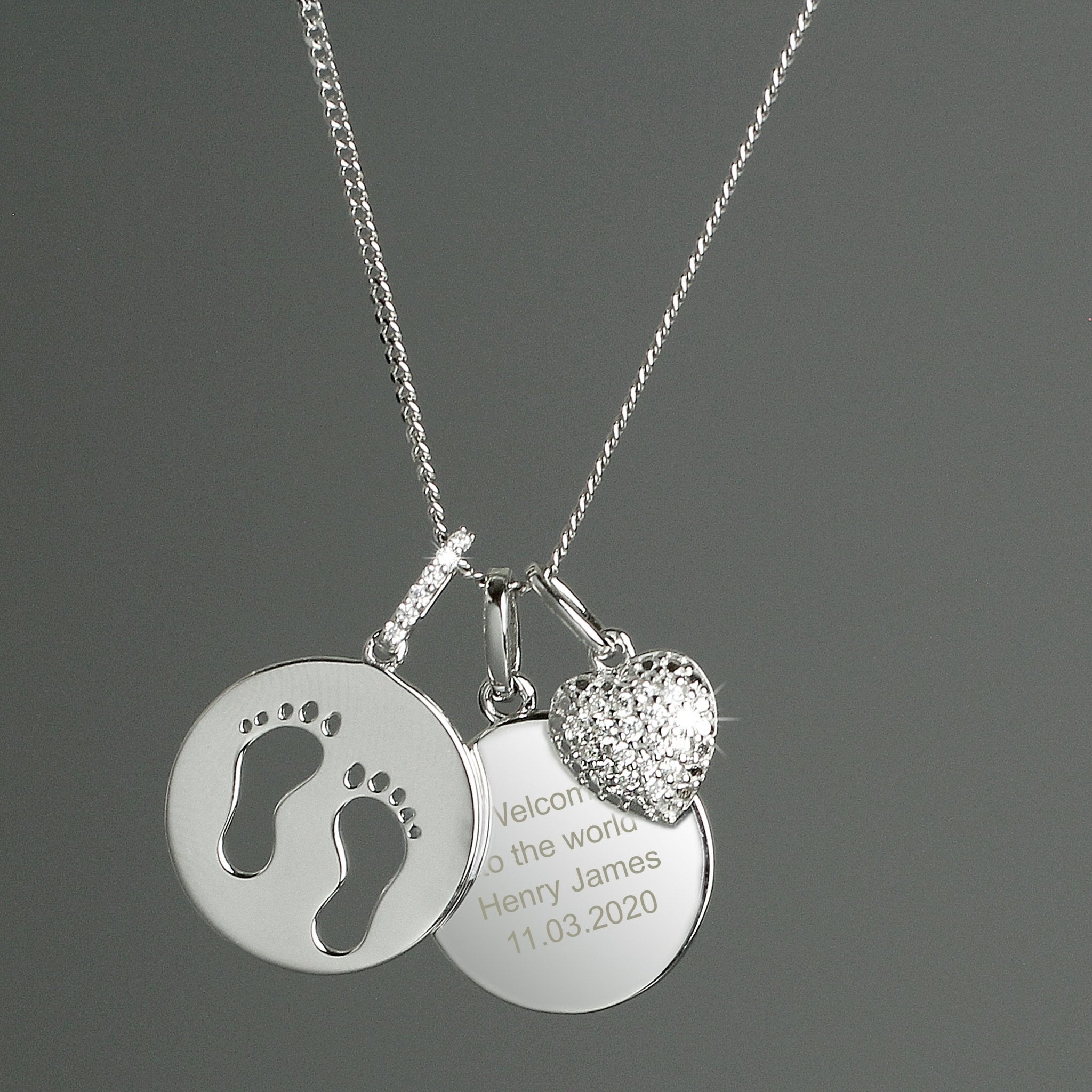 Personalised Sterling Silver Footprints and Cubic Zirconia Heart Necklace | Inspired Creative Gifts | UK Supplier