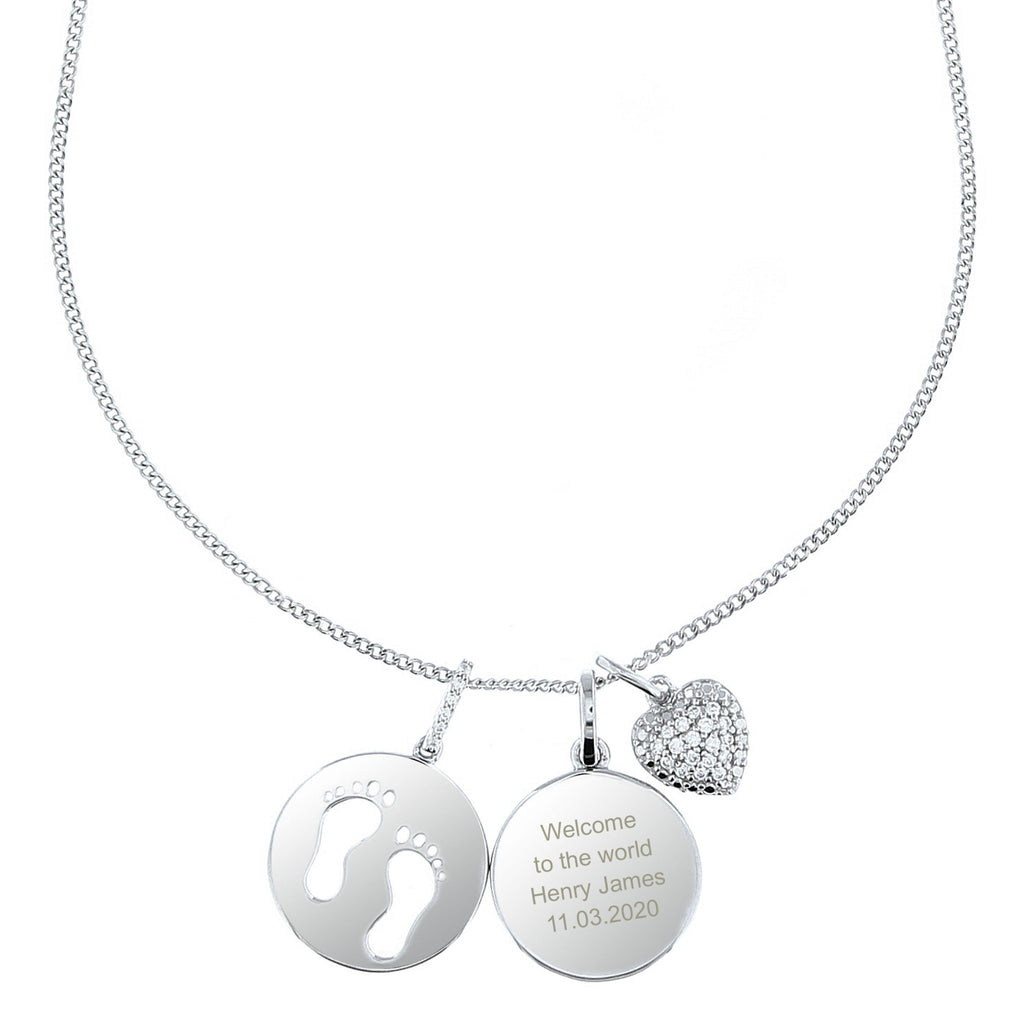 Personalised Sterling Silver Footprints and Cubic Zirconia Heart Necklace | Inspired Creative Gifts | UK Supplier