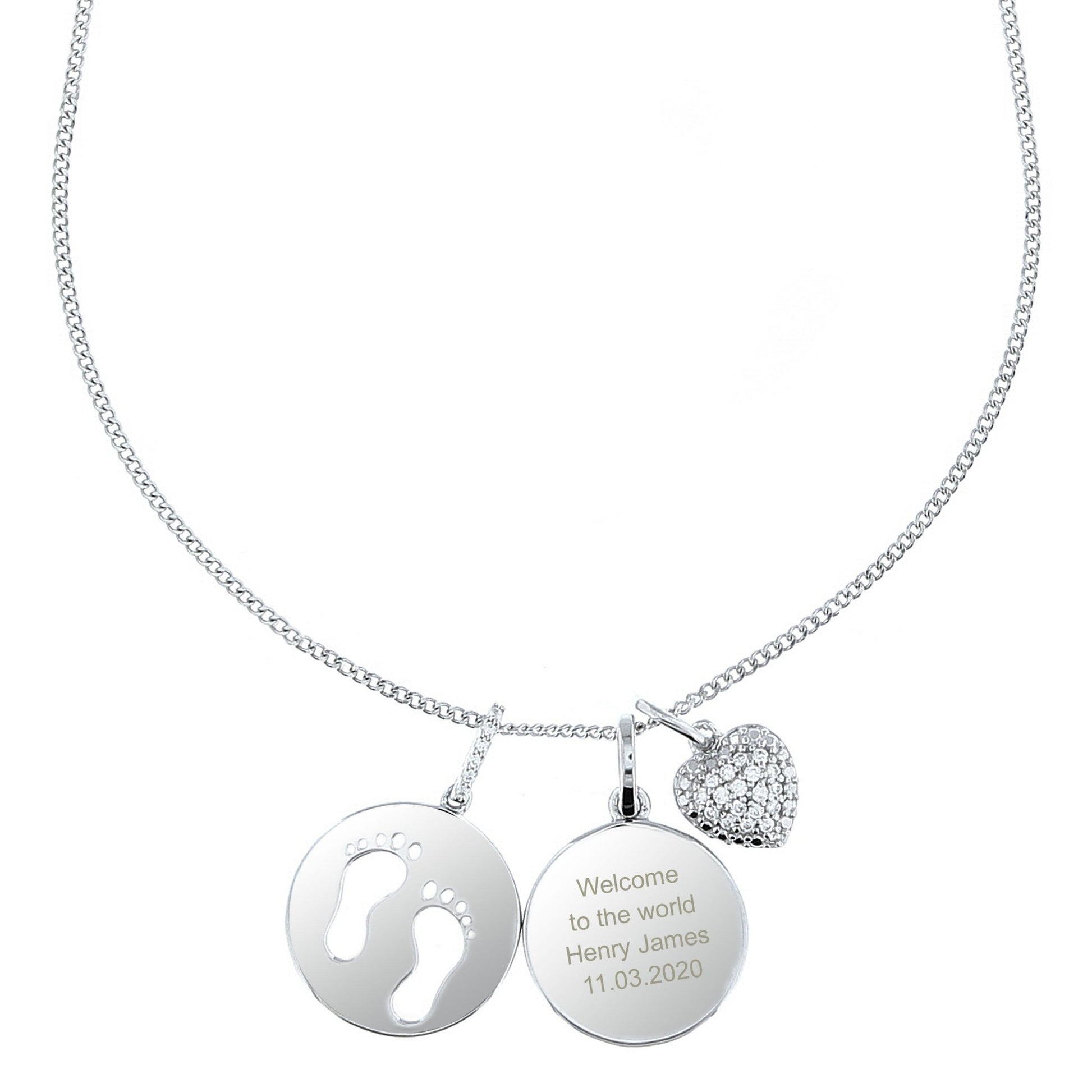Personalised Sterling Silver Footprints and Cubic Zirconia Heart Necklace | Inspired Creative Gifts | UK Supplier