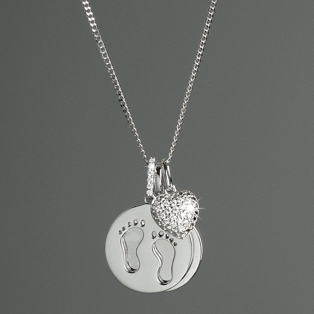 Personalised Sterling Silver Footprints and Cubic Zirconia Heart Necklace | Inspired Creative Gifts | UK Supplier