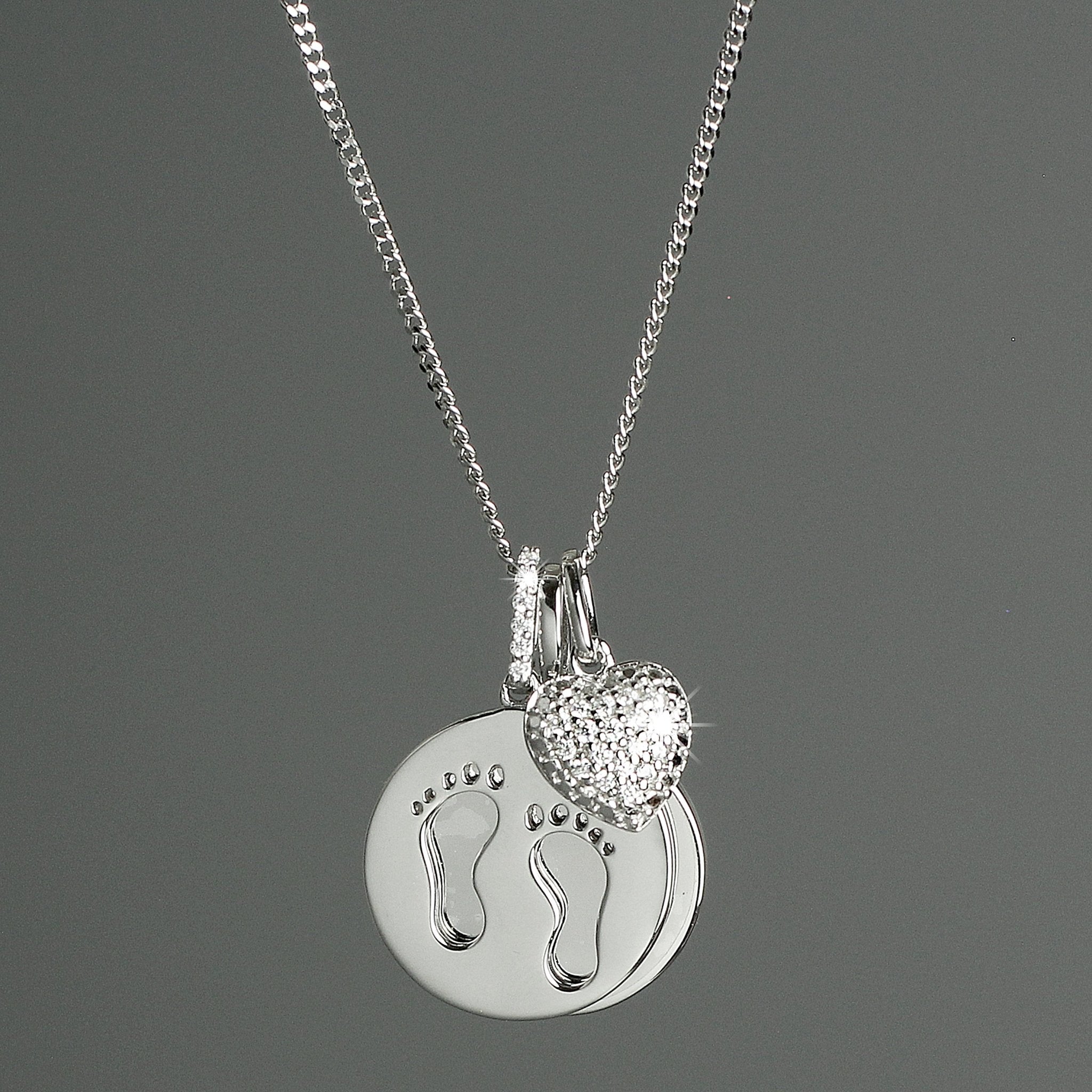 Personalised Sterling Silver Footprints and Cubic Zirconia Heart Necklace | Inspired Creative Gifts | UK Supplier