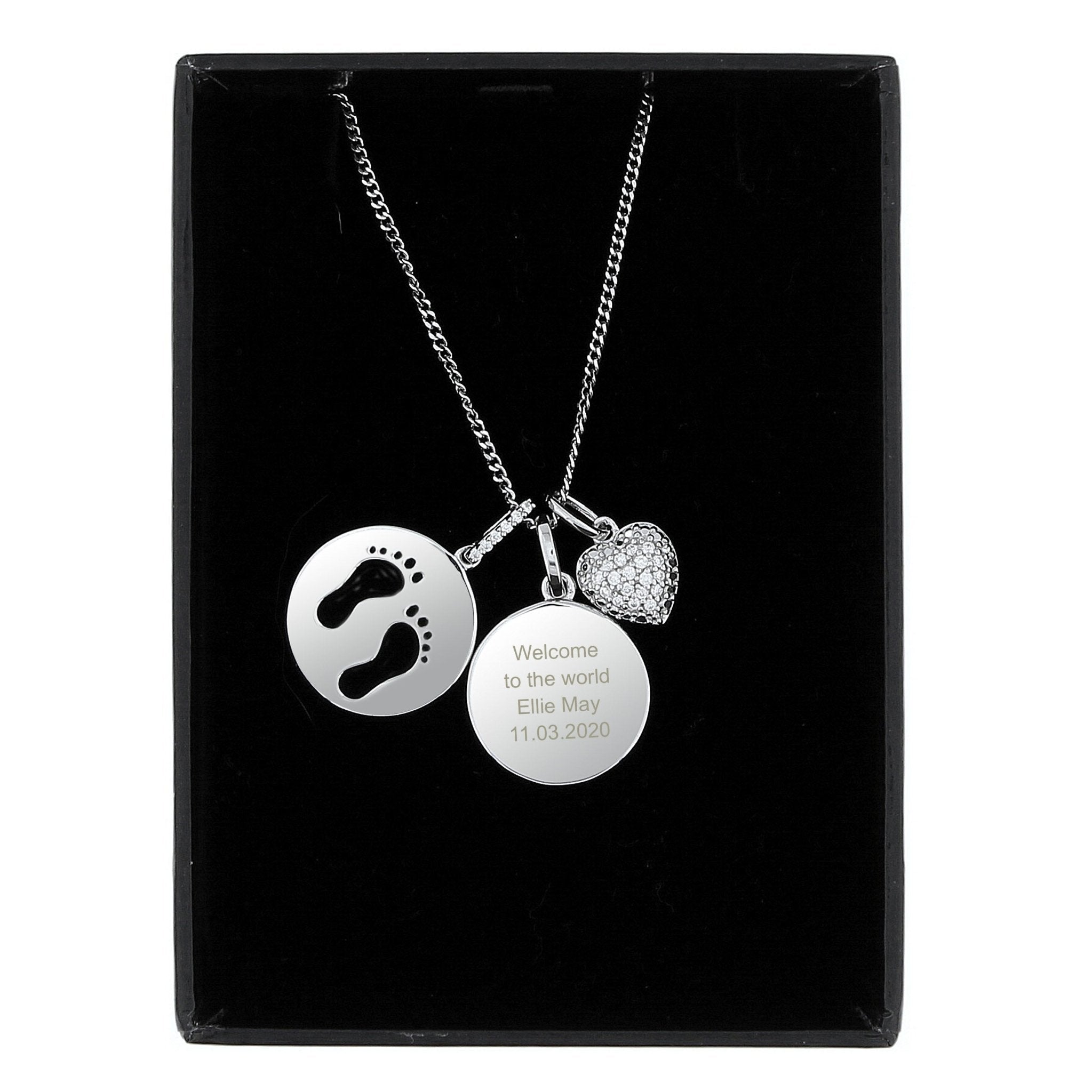 Personalised Sterling Silver Footprints and Cubic Zirconia Heart Necklace | Inspired Creative Gifts | UK Supplier