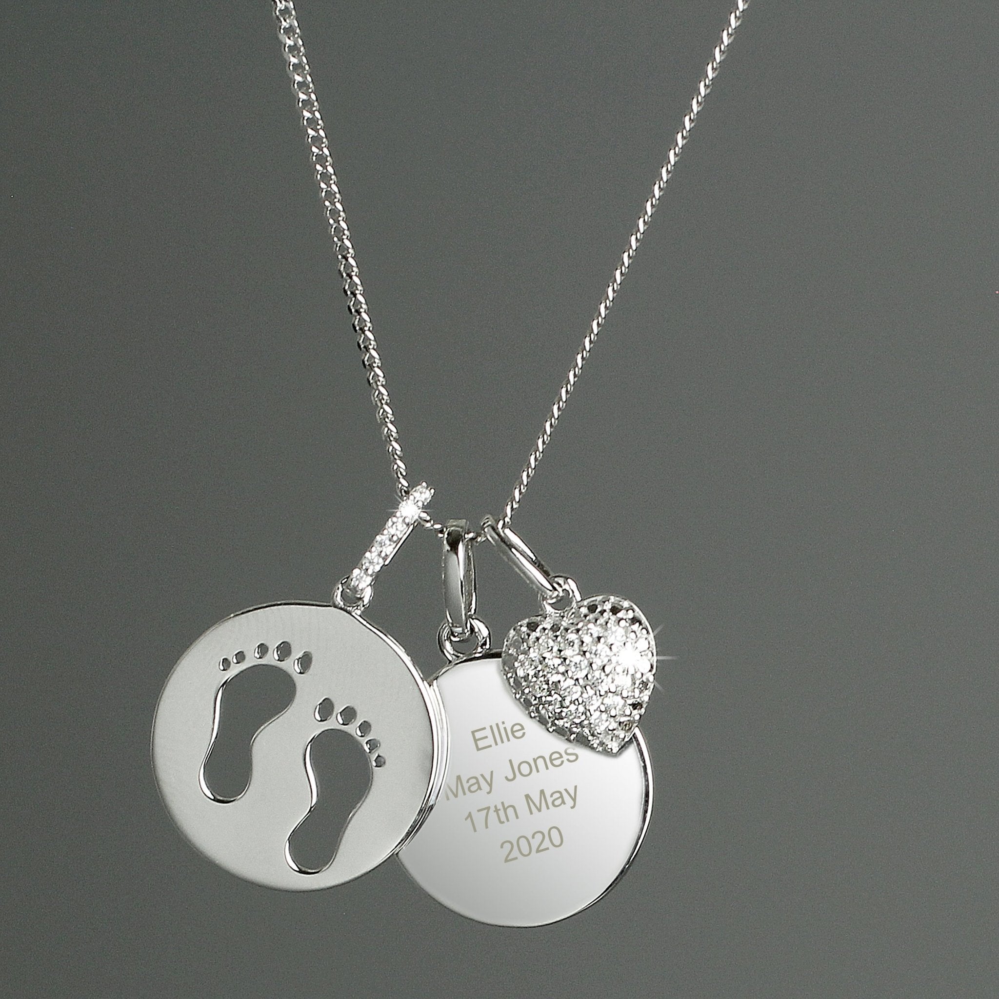 Personalised Sterling Silver Footprints and Cubic Zirconia Heart Necklace | Inspired Creative Gifts | UK Supplier