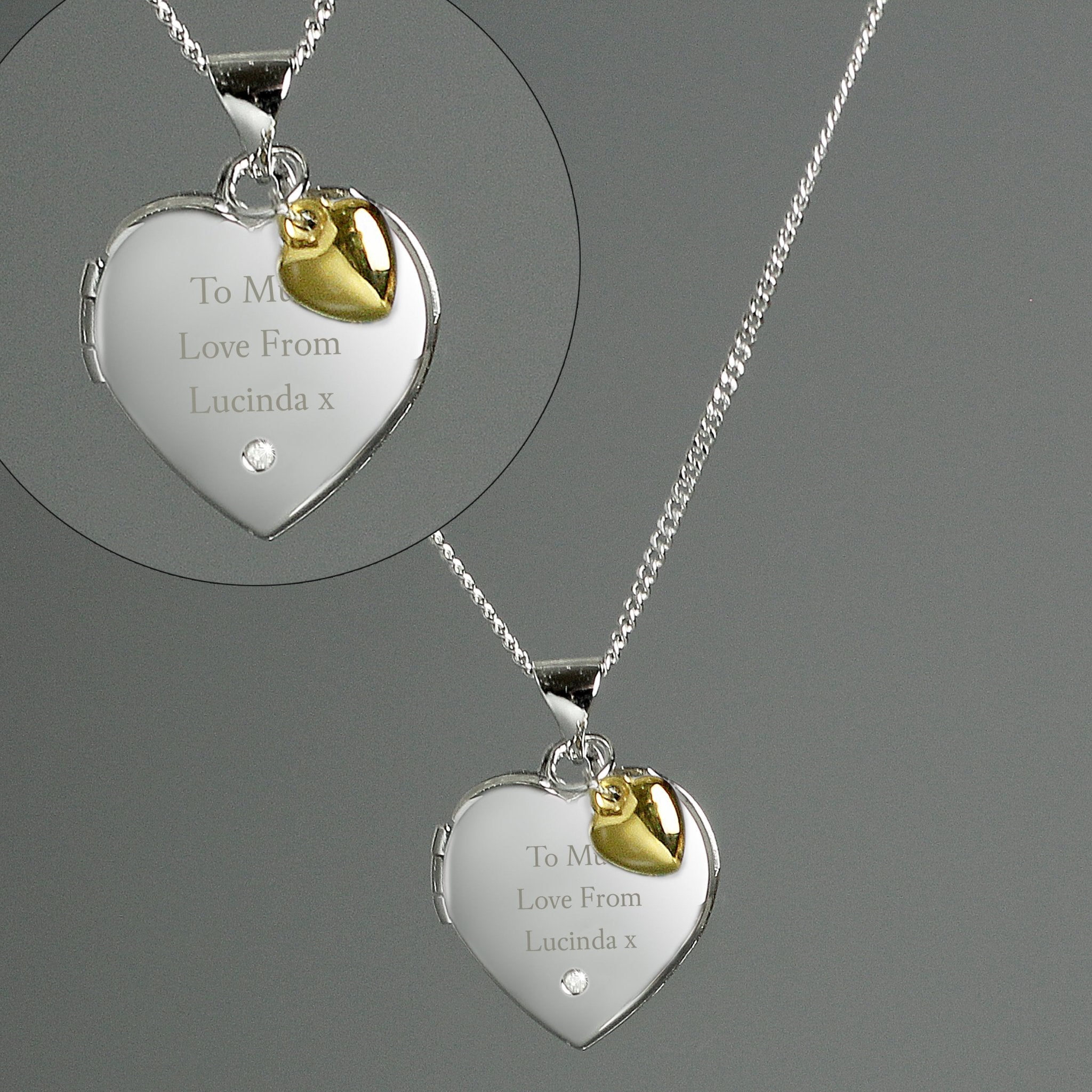 Personalised Sterling Silver Heart Locket Necklace with Diamond & 9ct Gold Charm | Inspired Creative Gifts | UK Supplier