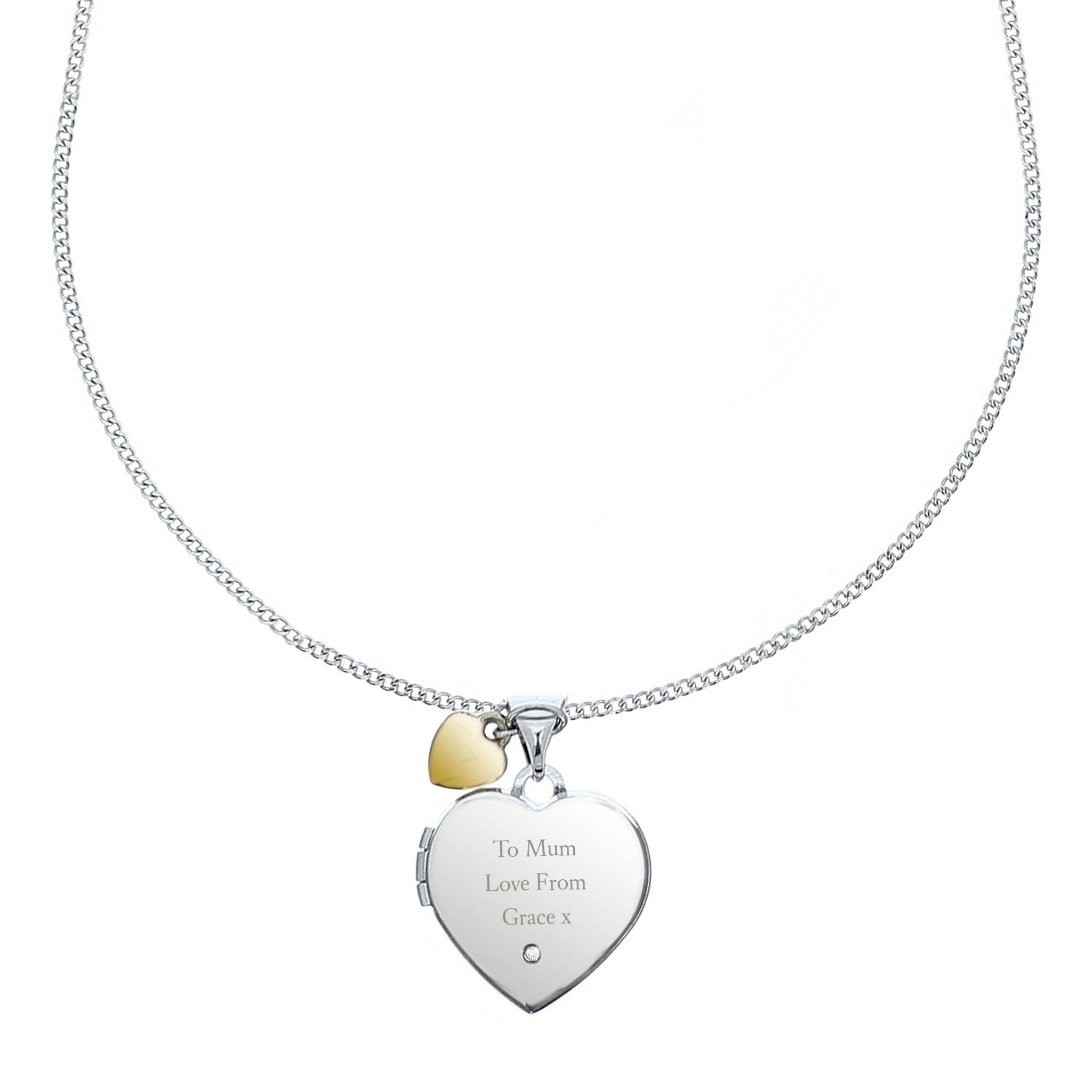 Personalised Sterling Silver Heart Locket Necklace with Diamond & 9ct Gold Charm | Inspired Creative Gifts | UK Supplier