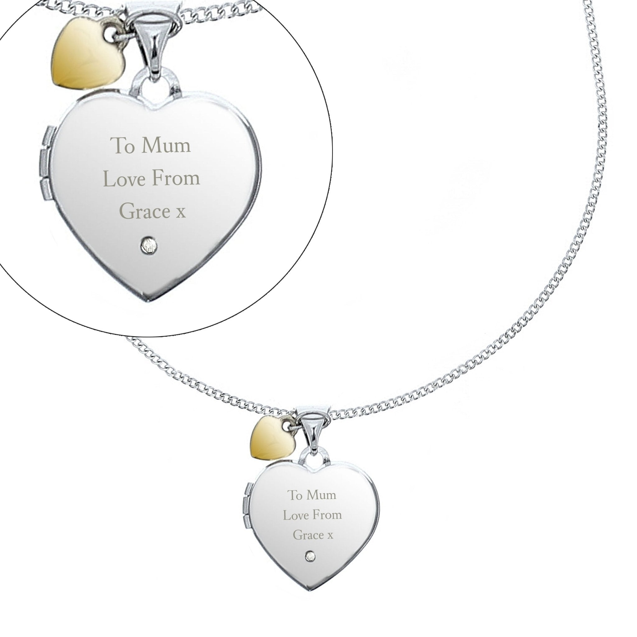 Personalised Sterling Silver Heart Locket Necklace with Diamond & 9ct Gold Charm | Inspired Creative Gifts | UK Supplier