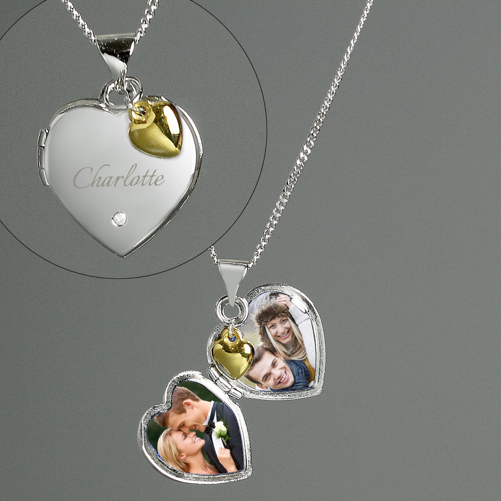 Personalised Sterling Silver Heart Locket Necklace with Diamond and 9ct Gold Charm | Inspired Creative Gifts | UK Supplier
