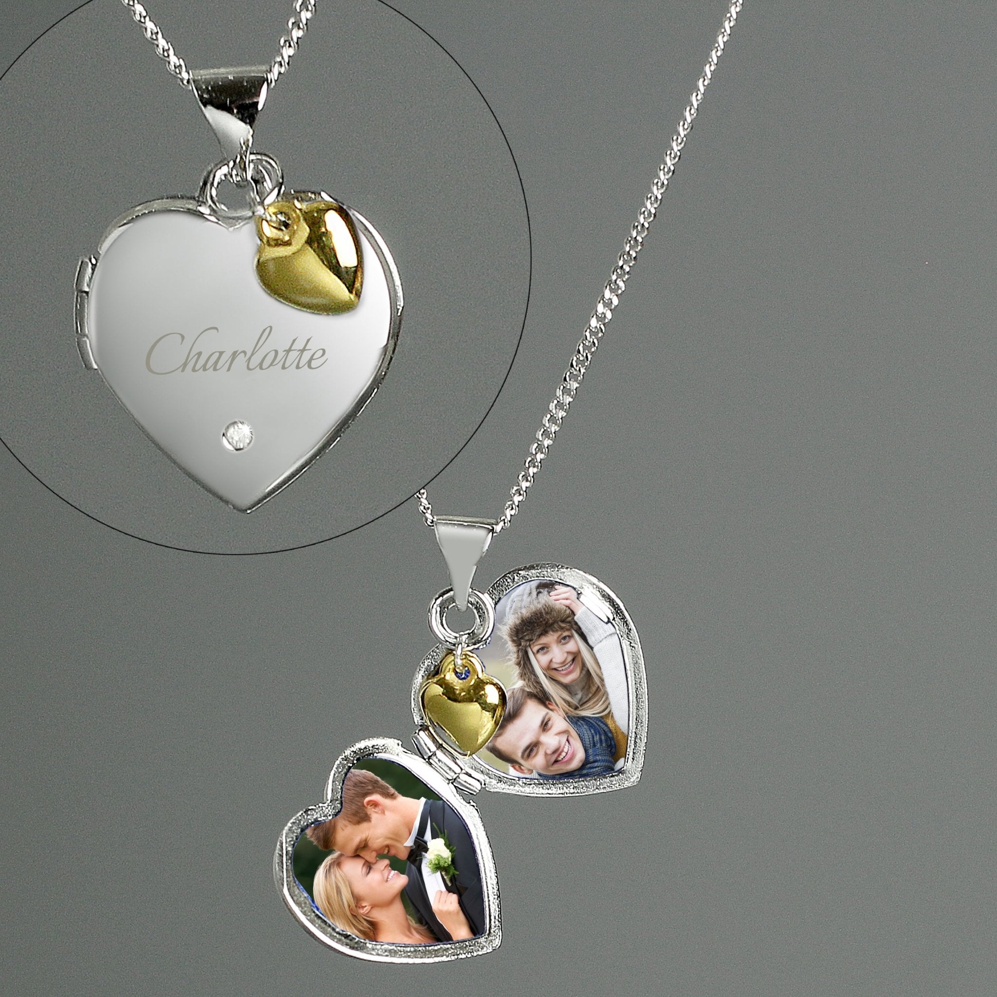 Personalised Sterling Silver Heart Locket Necklace with Diamond and 9ct Gold Charm | Inspired Creative Gifts | UK Supplier