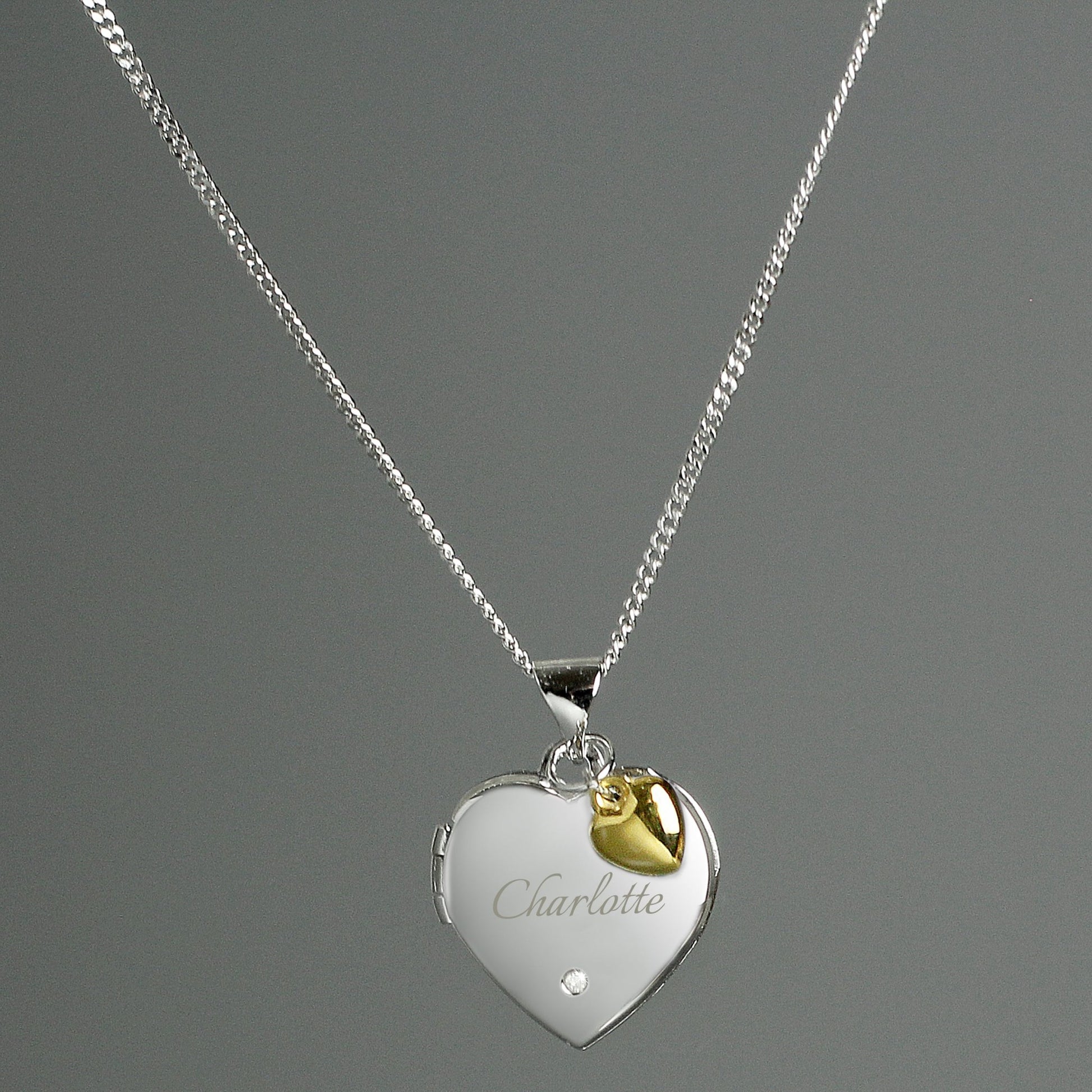 Personalised Sterling Silver Heart Locket Necklace with Diamond and 9ct Gold Charm | Inspired Creative Gifts | UK Supplier