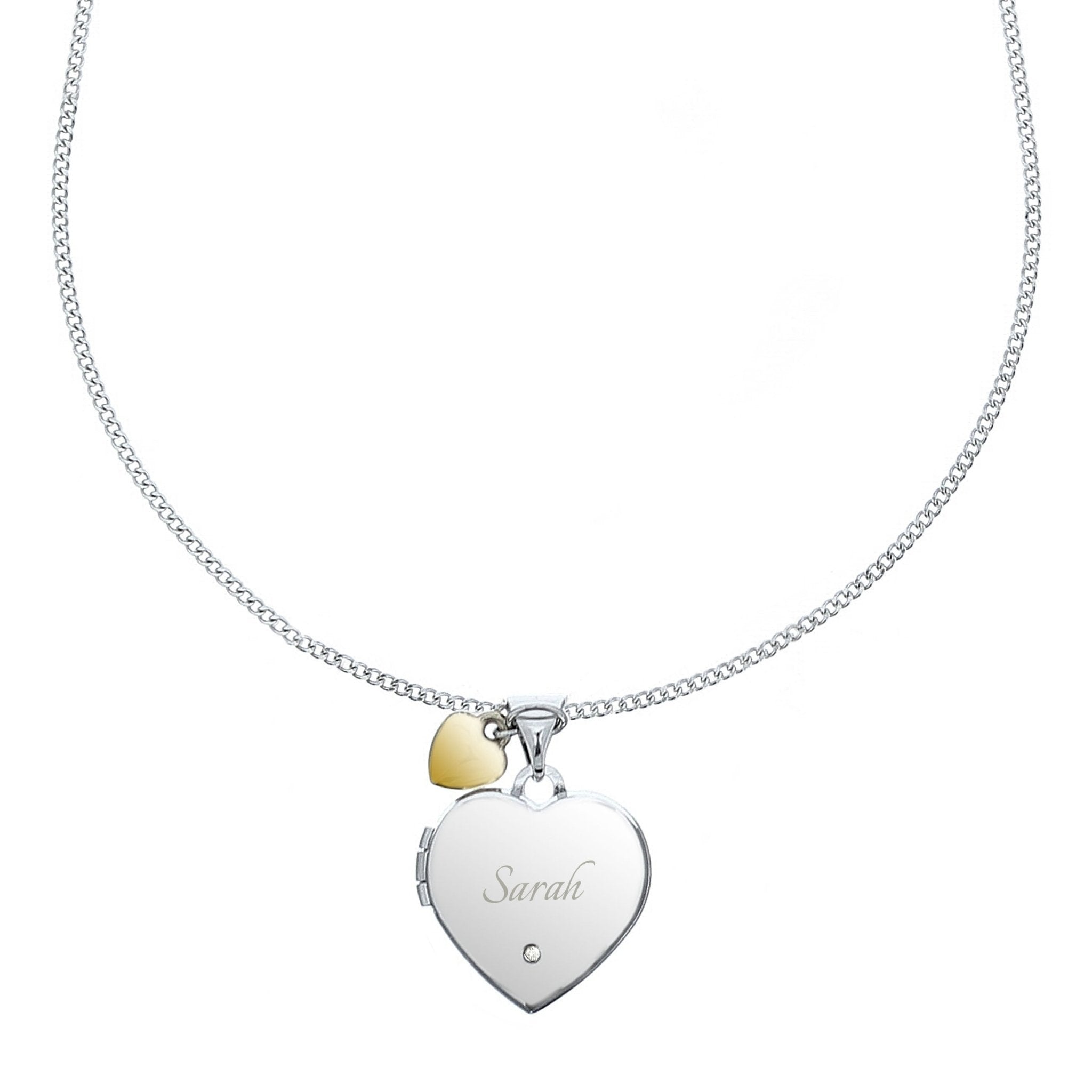 Personalised Sterling Silver Heart Locket Necklace with Diamond and 9ct Gold Charm | Inspired Creative Gifts | UK Supplier